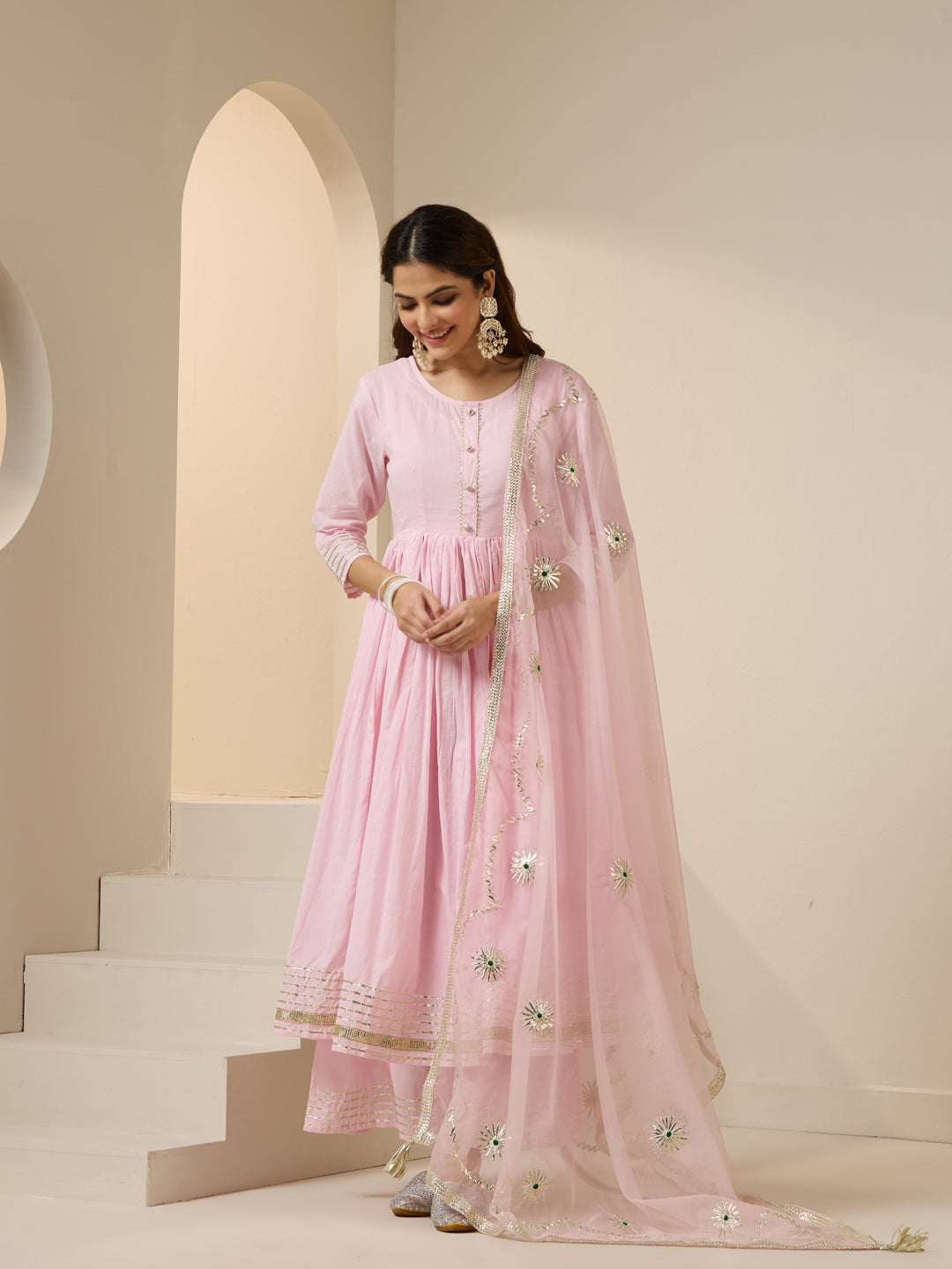 ISHIN Women Pink Cotton 3pcs Kurta set