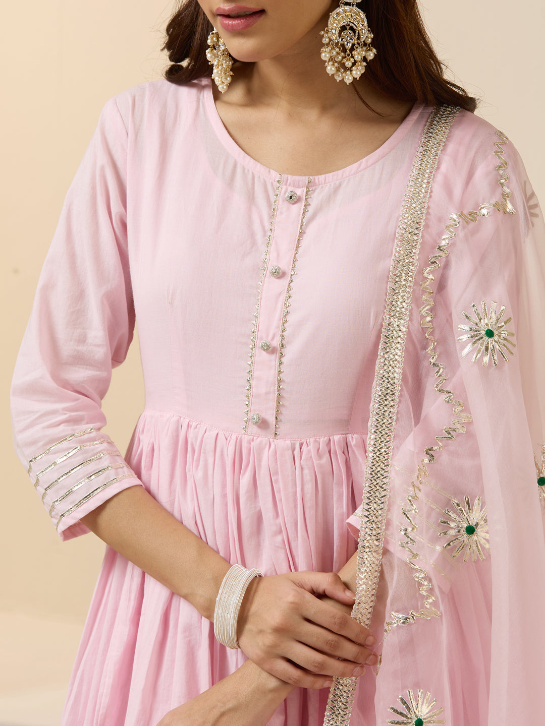 ISHIN Women Pink Cotton 3pcs Kurta set