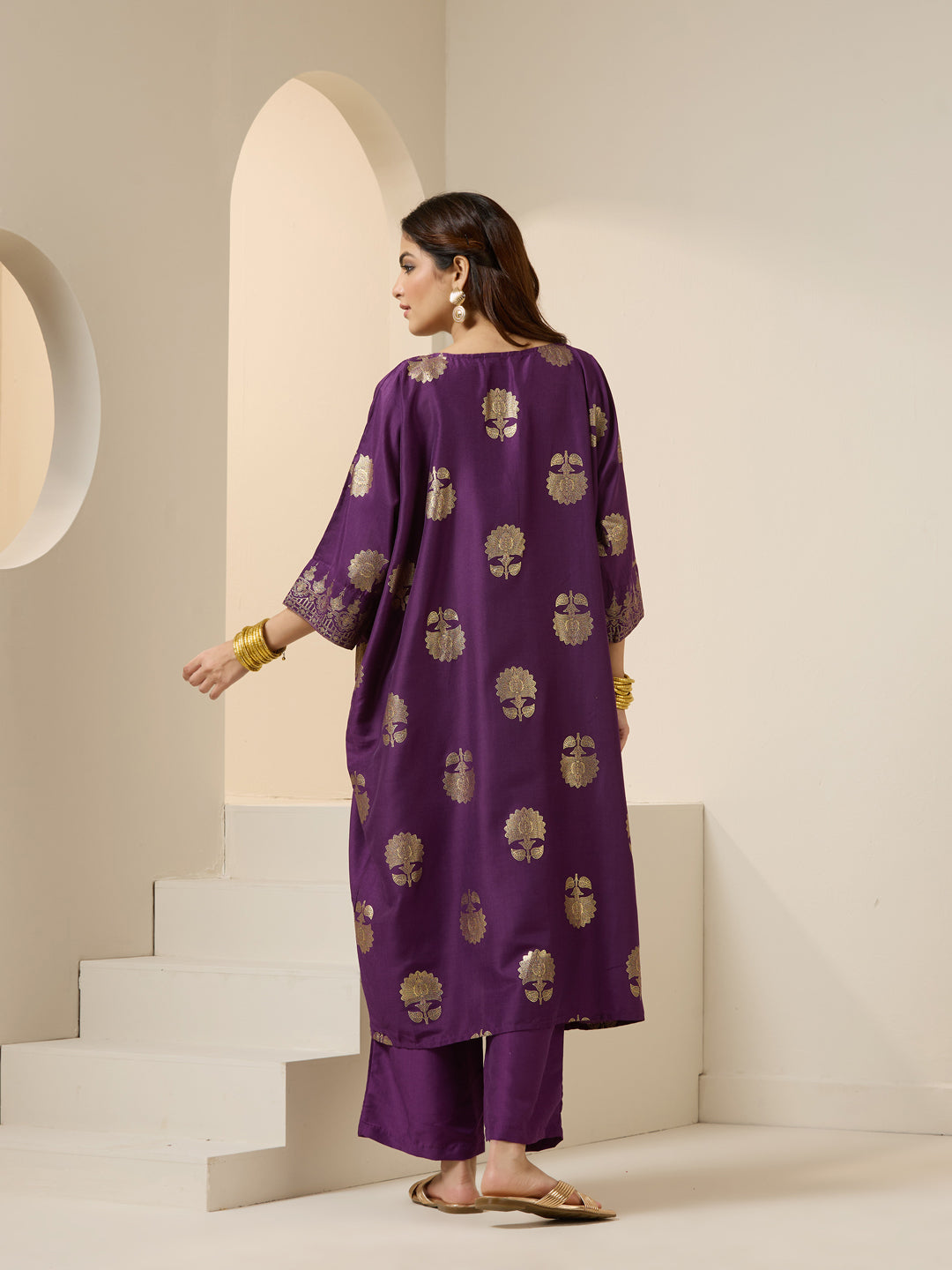 Soft Purple Polyester Chinon Foil Printed Kaftan Kurta Set With Straight Bottom & Dupatta