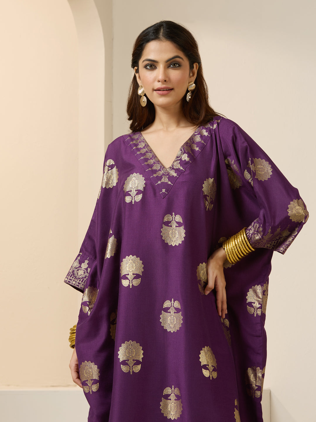 Soft Purple Polyester Chinon Foil Printed Kaftan Kurta Set With Straight Bottom & Dupatta