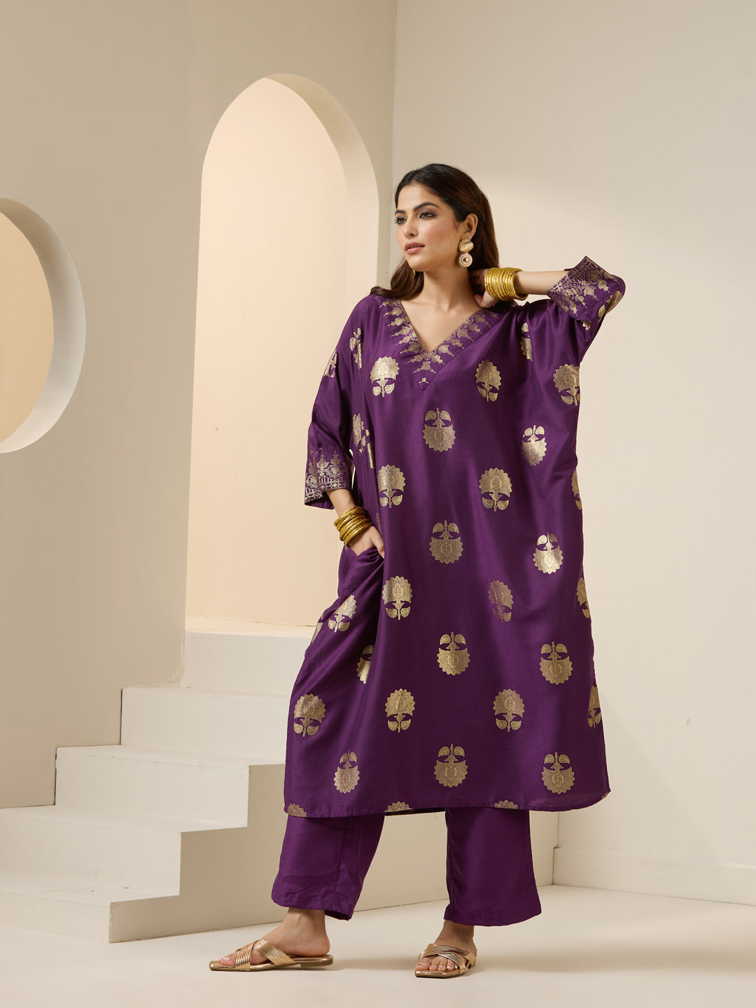 Soft Purple Polyester Chinon Foil Printed Kaftan Kurta Set With Straight Bottom & Dupatta