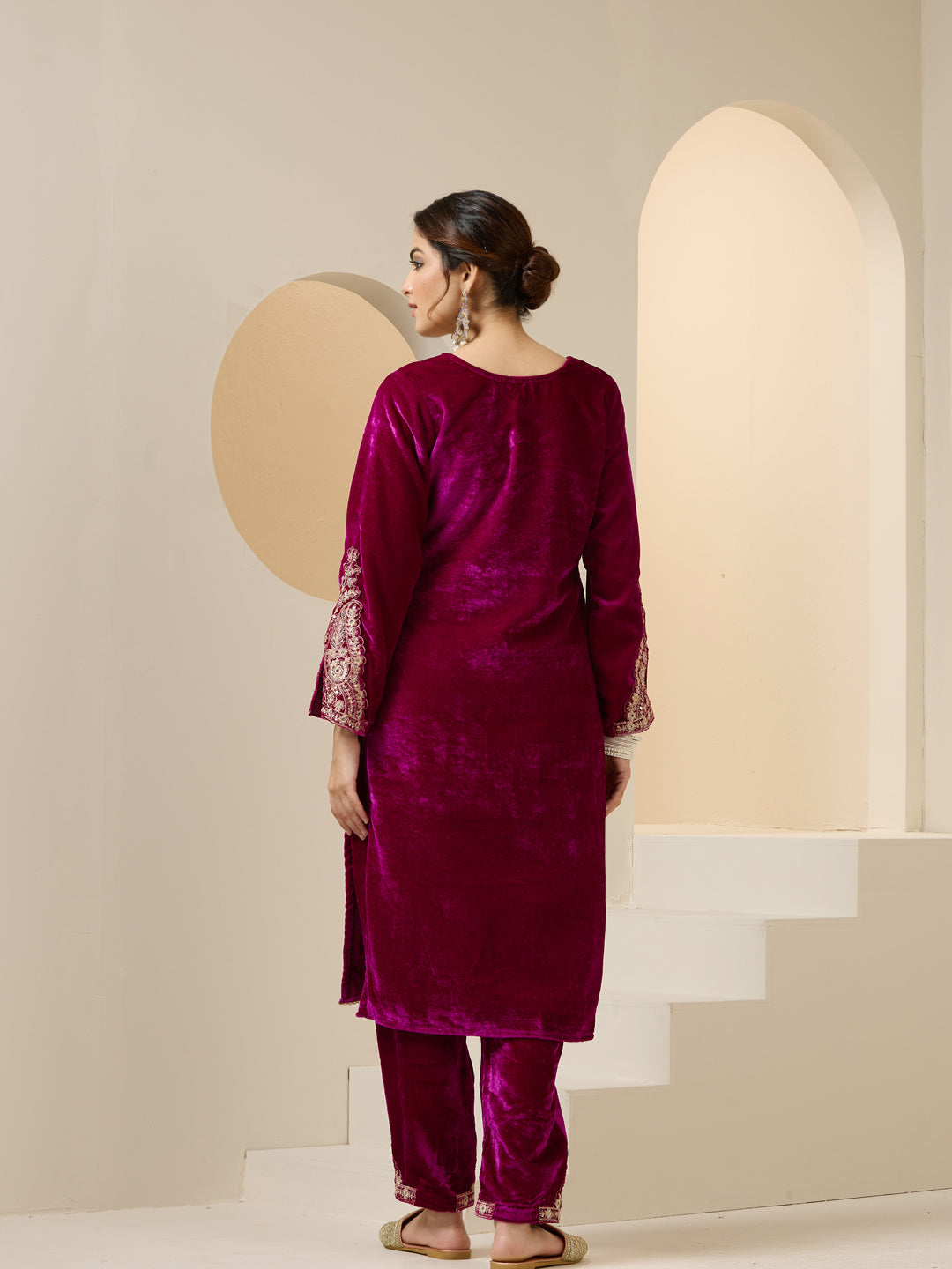 Rich Magenta Velvet Embroidered Straight Kurta Set With Straight Bottom