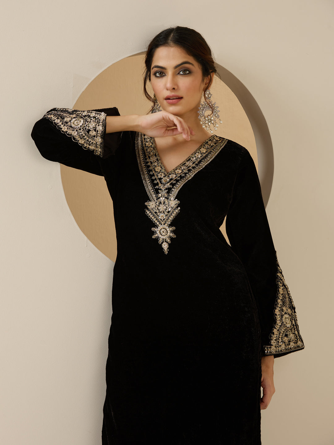 Rich Black Velvet Embroidered Straight Kurta Set With Straight Bottom