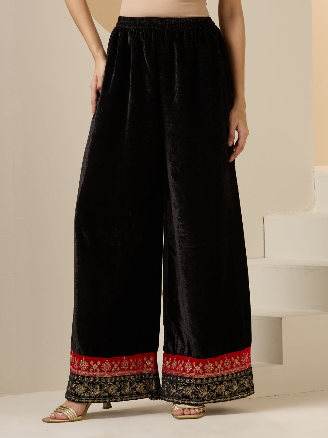 Rich Velvet Embroidery Black Embroidery Straight Kurta sets PalazzoBottom Sheer Organza Embroidery Dupatta