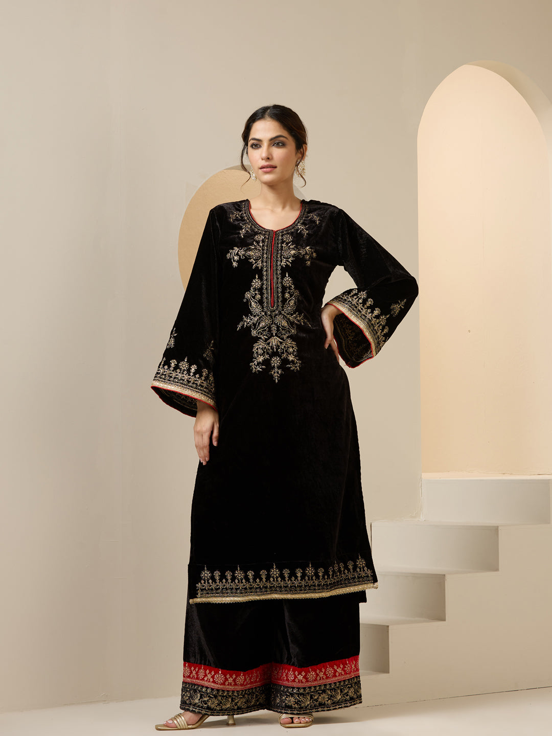 Rich Velvet Embroidery Black Embroidery Straight Kurta sets PalazzoBottom Sheer Organza Embroidery Dupatta