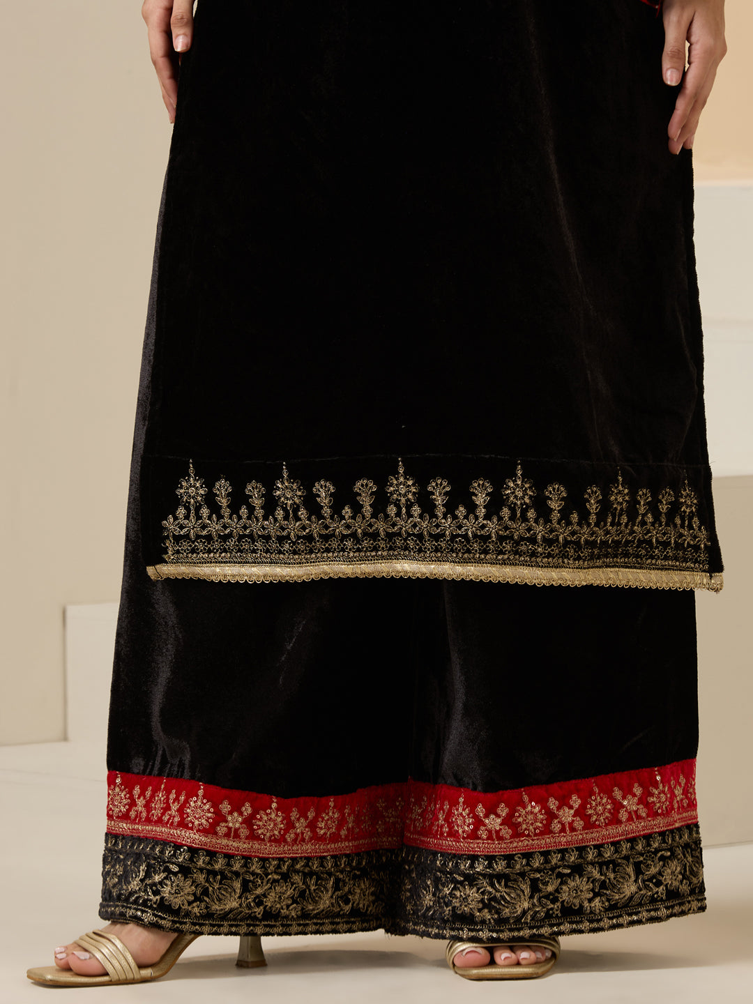 Rich Black Velvet Embroidered Straight Kurta Set With Palazzo Bottom And Dupatta