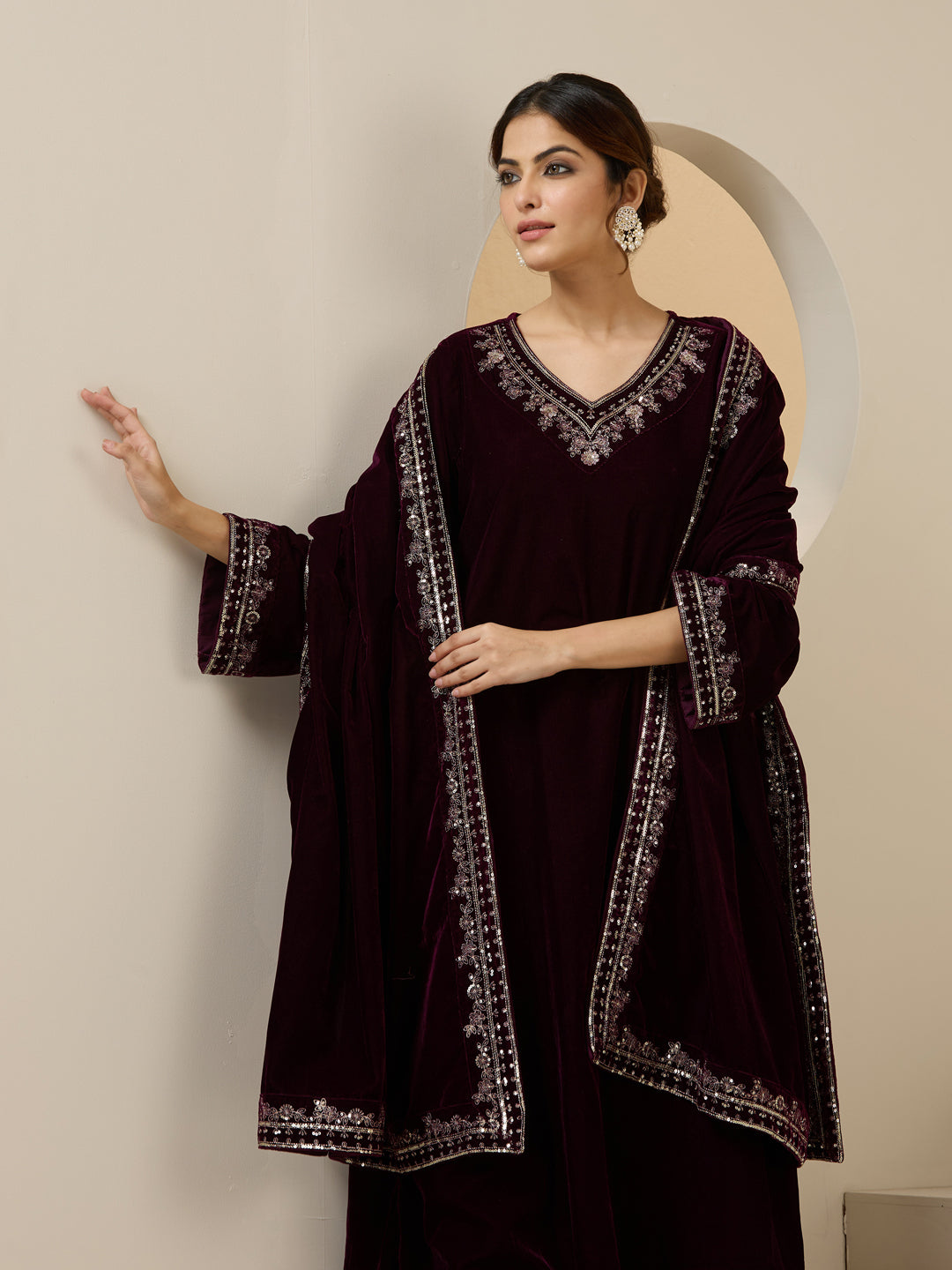 Rich Purple Velvet Embroidered Straight Kurta Set With Straight Bottom