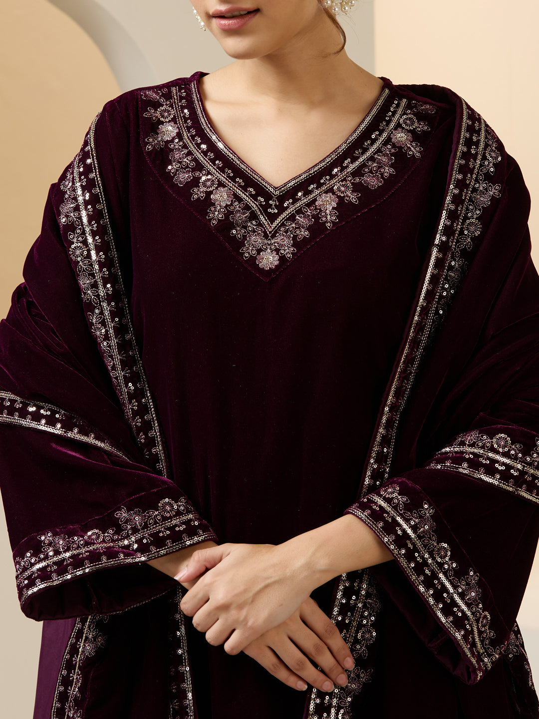 Rich Purple Velvet Embroidered Straight Kurta Set With Straight Bottom