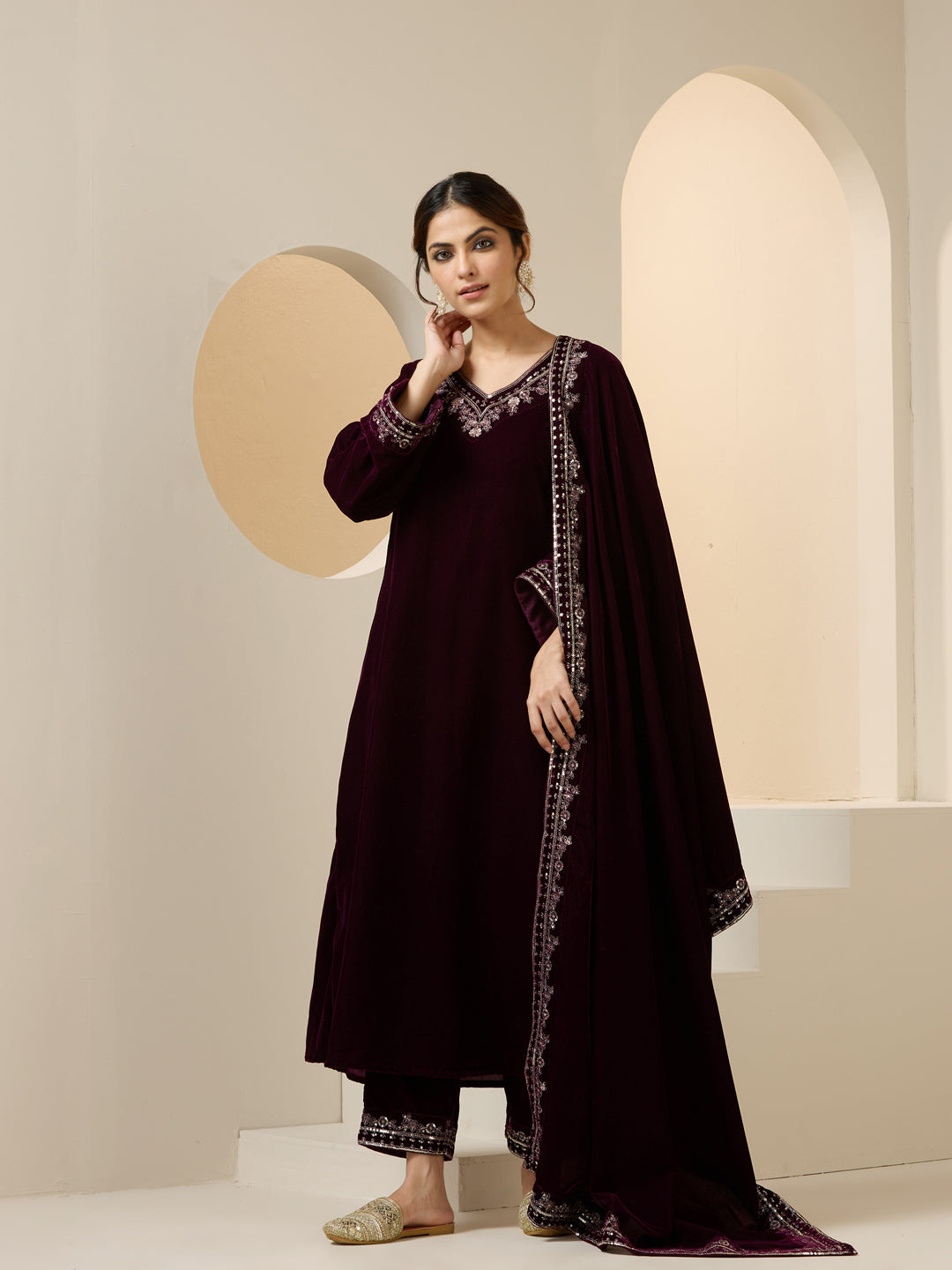 Rich Purple Velvet Embroidered Straight Kurta Set With Straight Bottom