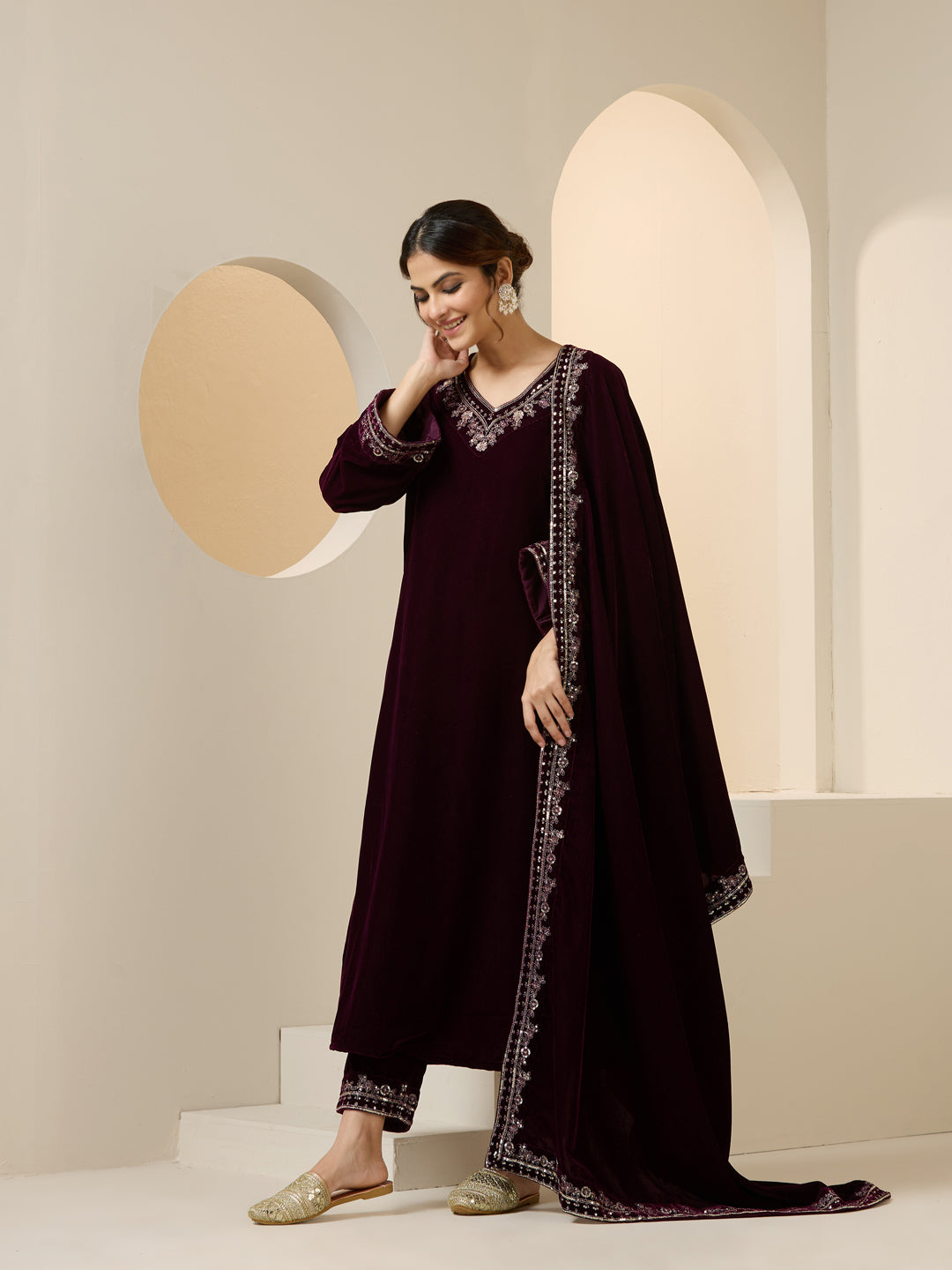 Rich Purple Velvet Embroidered Straight Kurta Set With Straight Bottom