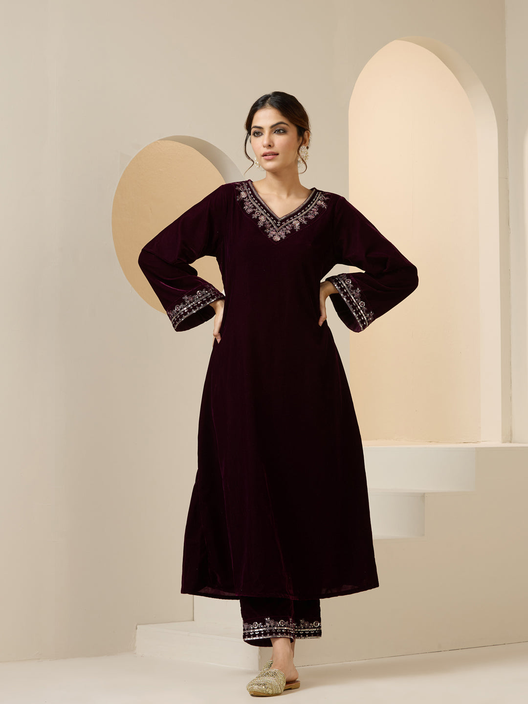 Rich Purple Velvet Embroidered Straight Kurta Set With Straight Bottom