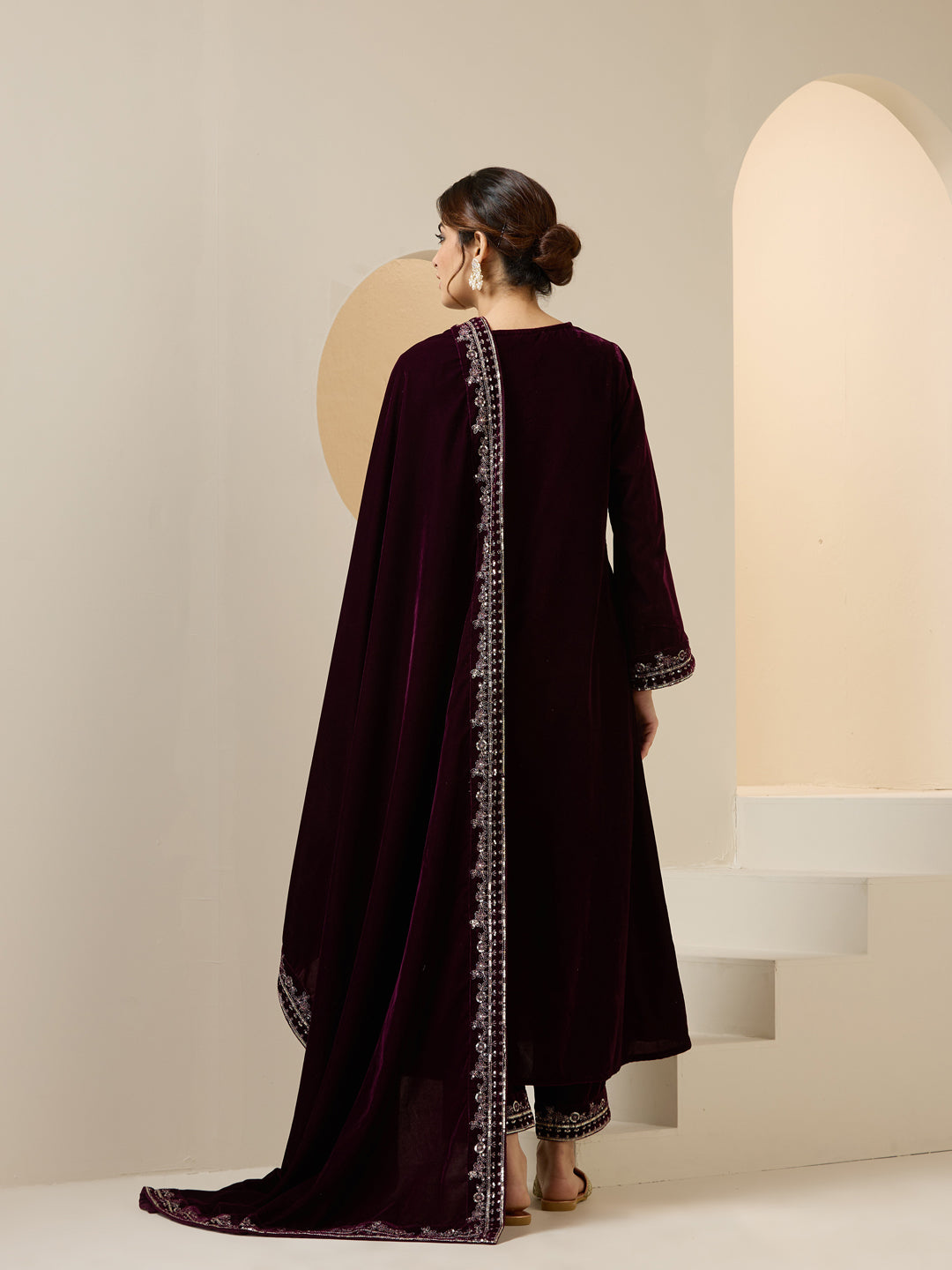 Rich Purple Velvet Embroidered Straight Kurta Set With Straight Bottom