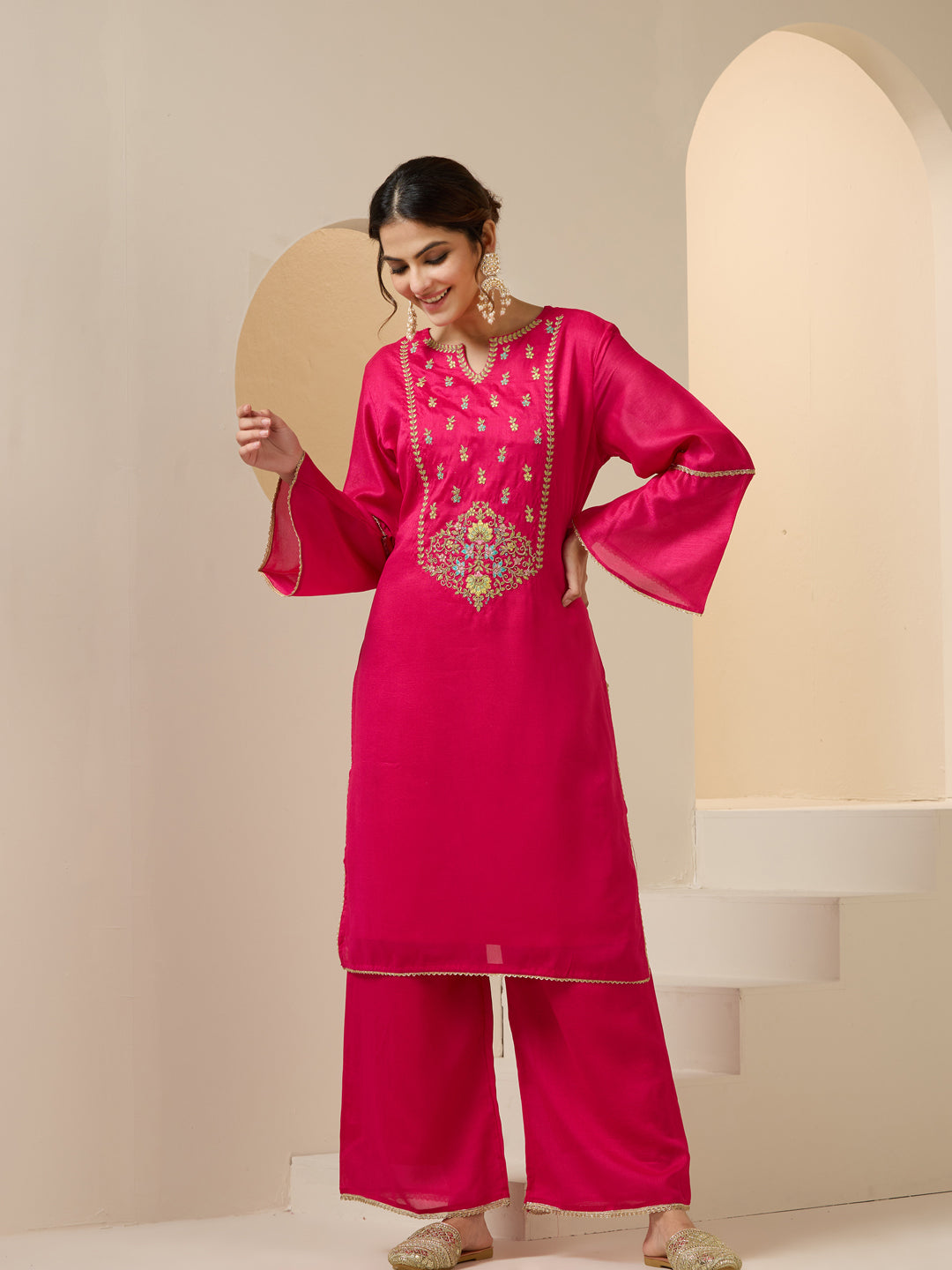 Ishin Women Pink Vichitra Nylon Organza Kurta Set