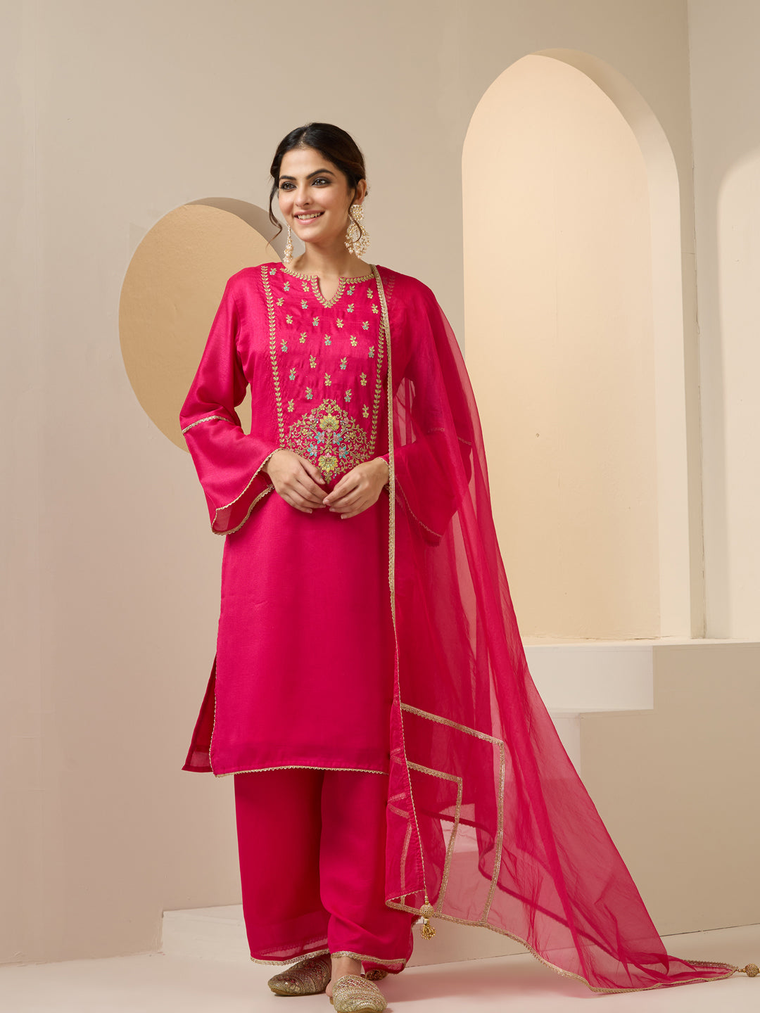 Ishin Women Pink Vichitra Nylon Organza Kurta Set