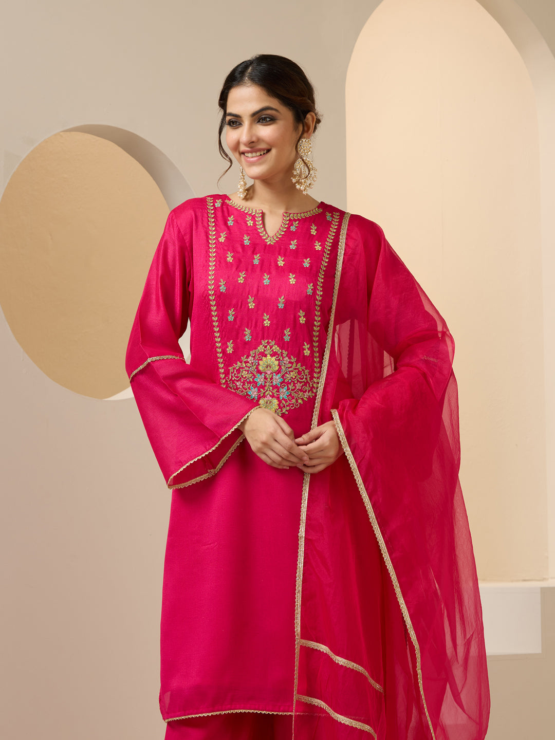 Ishin Women Pink Vichitra Nylon Organza Kurta Set