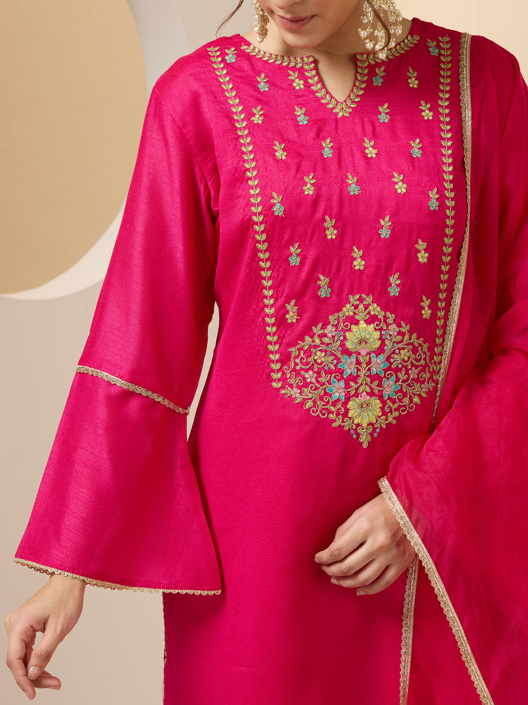 Ishin Women Pink Vichitra Nylon Organza Kurta Set