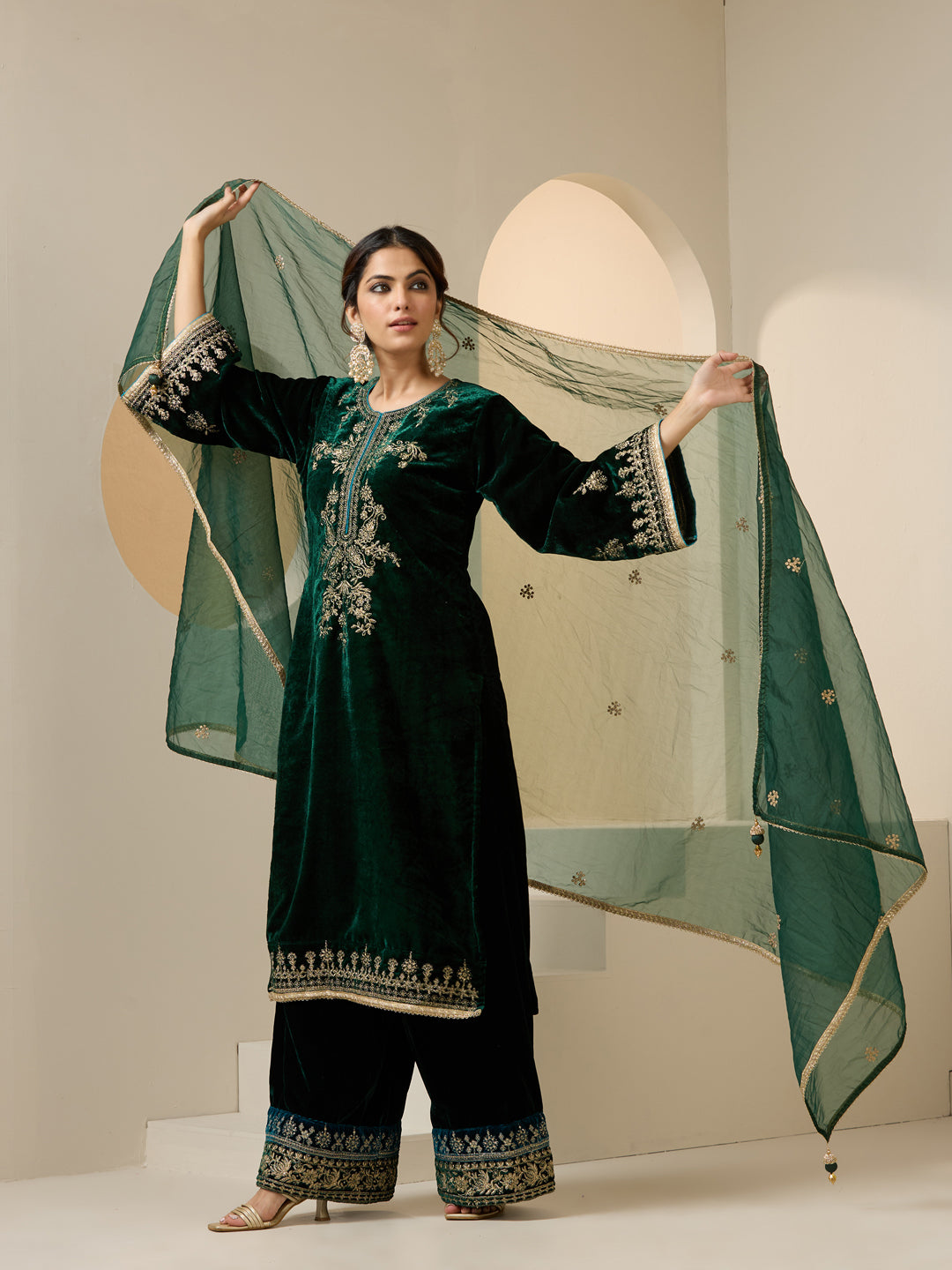 Rich Green Velvet Embroidered Straight Kurta Set With Palazzo Bottom And Dupatta