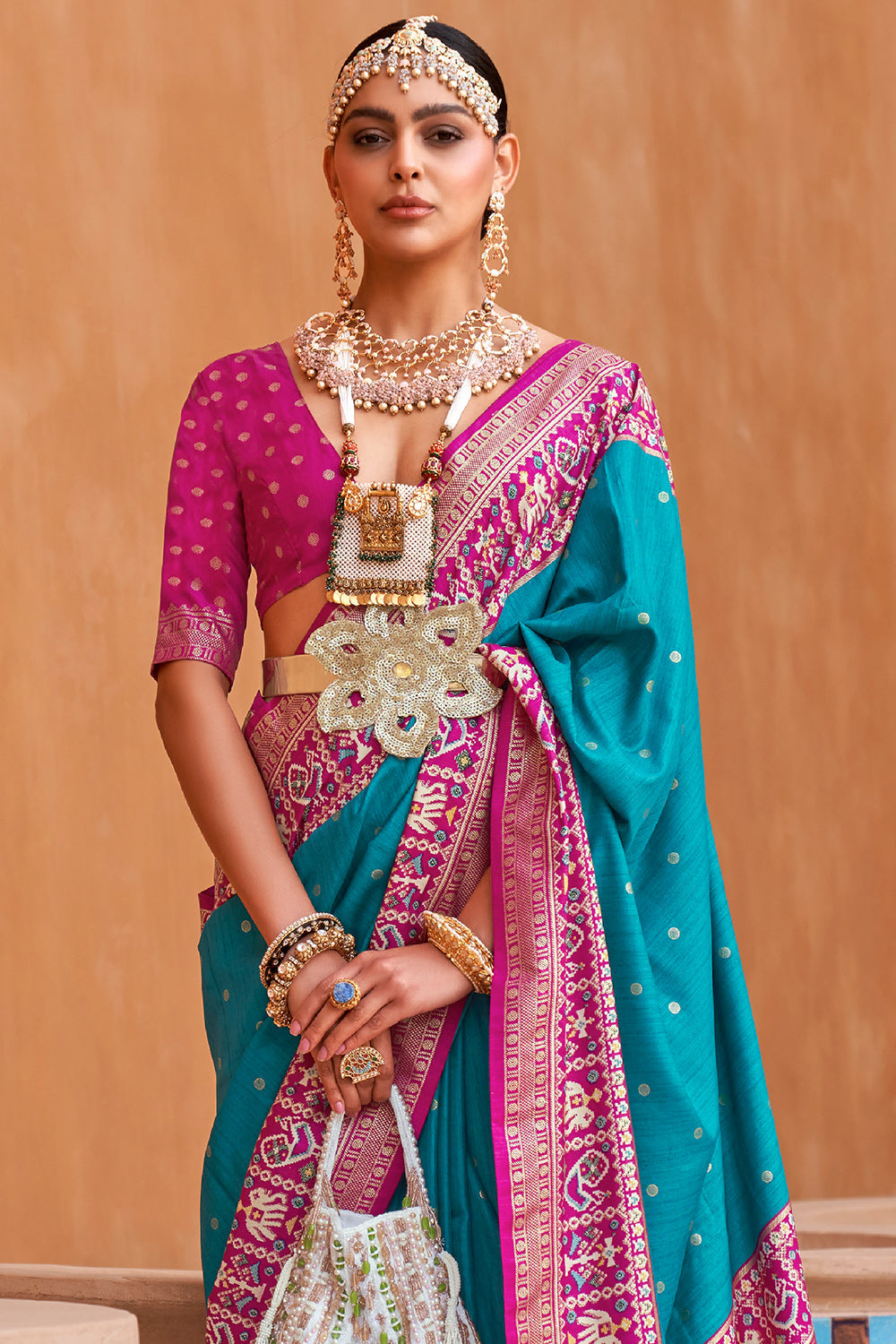 Karagiri Cyan Blue Patola Saree With Blouse Piece