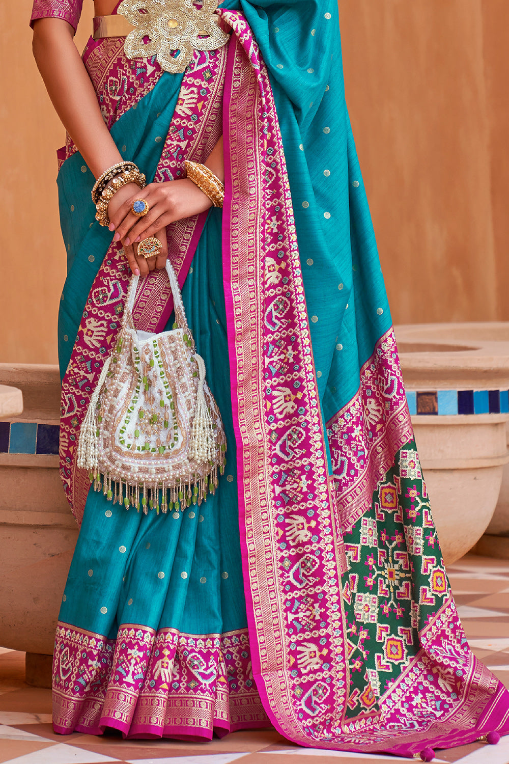 Karagiri Cyan Blue Patola Saree With Blouse Piece