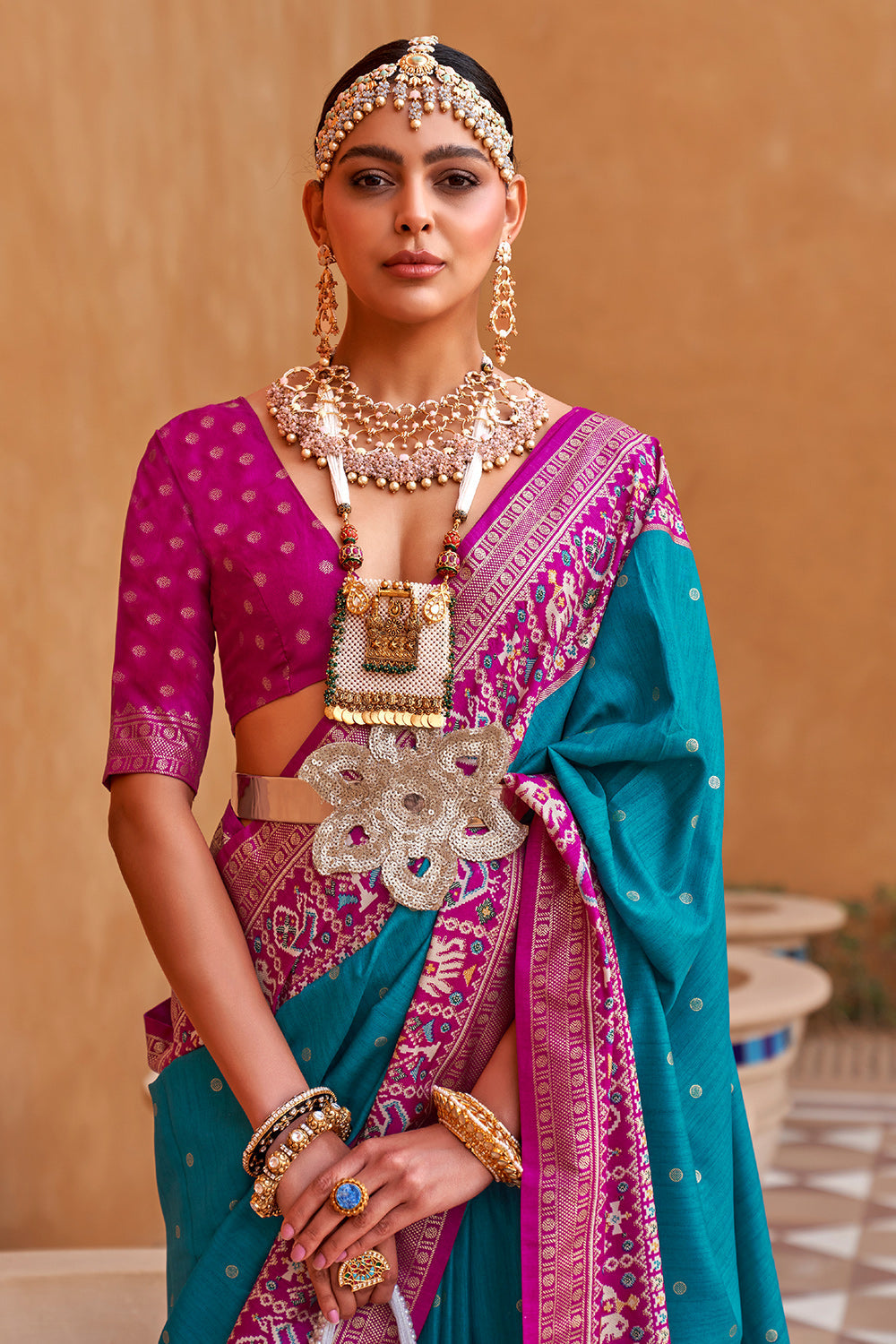 Karagiri Cyan Blue Patola Saree With Blouse Piece