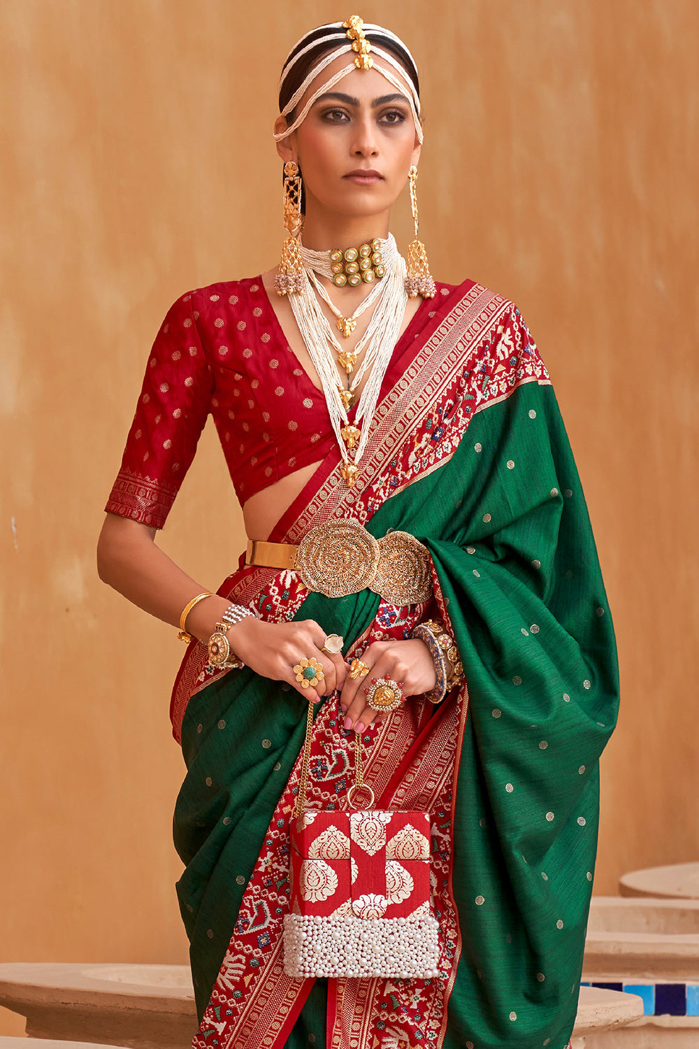 Karagiri Emerald Green Patola Saree With Blouse Piece