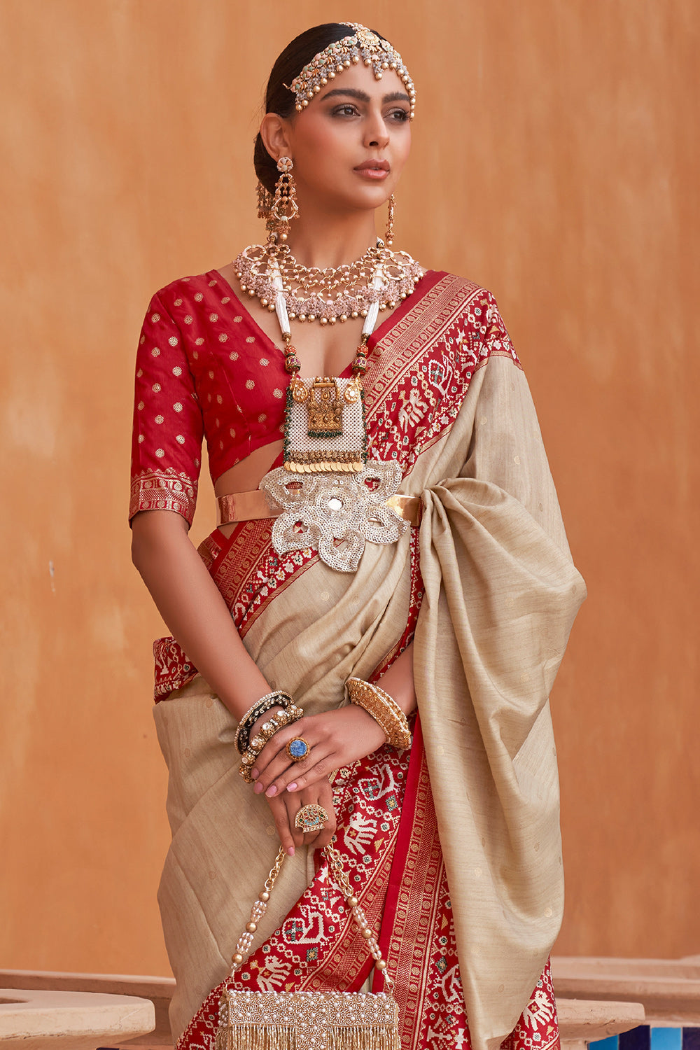 Karagiri Tan Beige Patola Saree With Blouse Piece