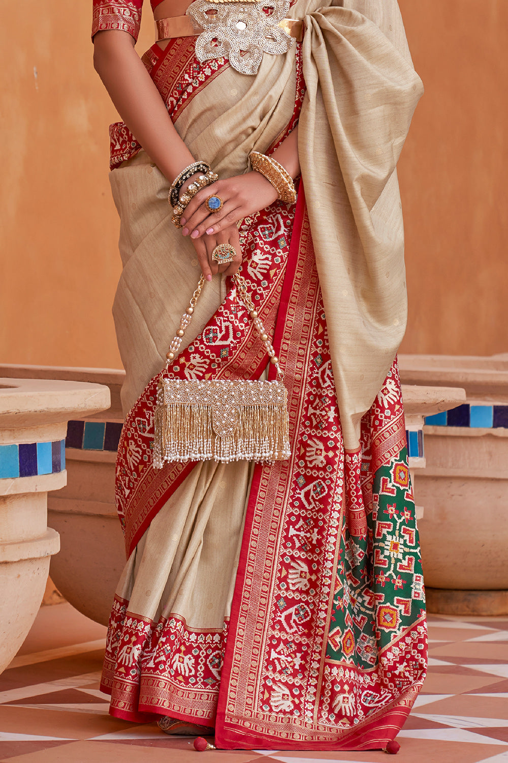 Karagiri Tan Beige Patola Saree With Blouse Piece