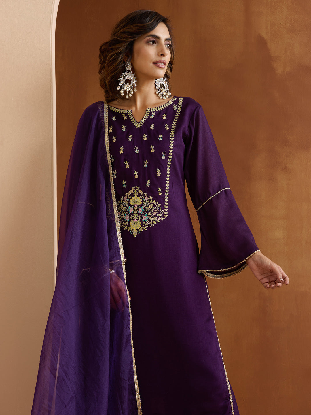 Ishin Women Purple Vichitra Nylon Organza Kurta Set