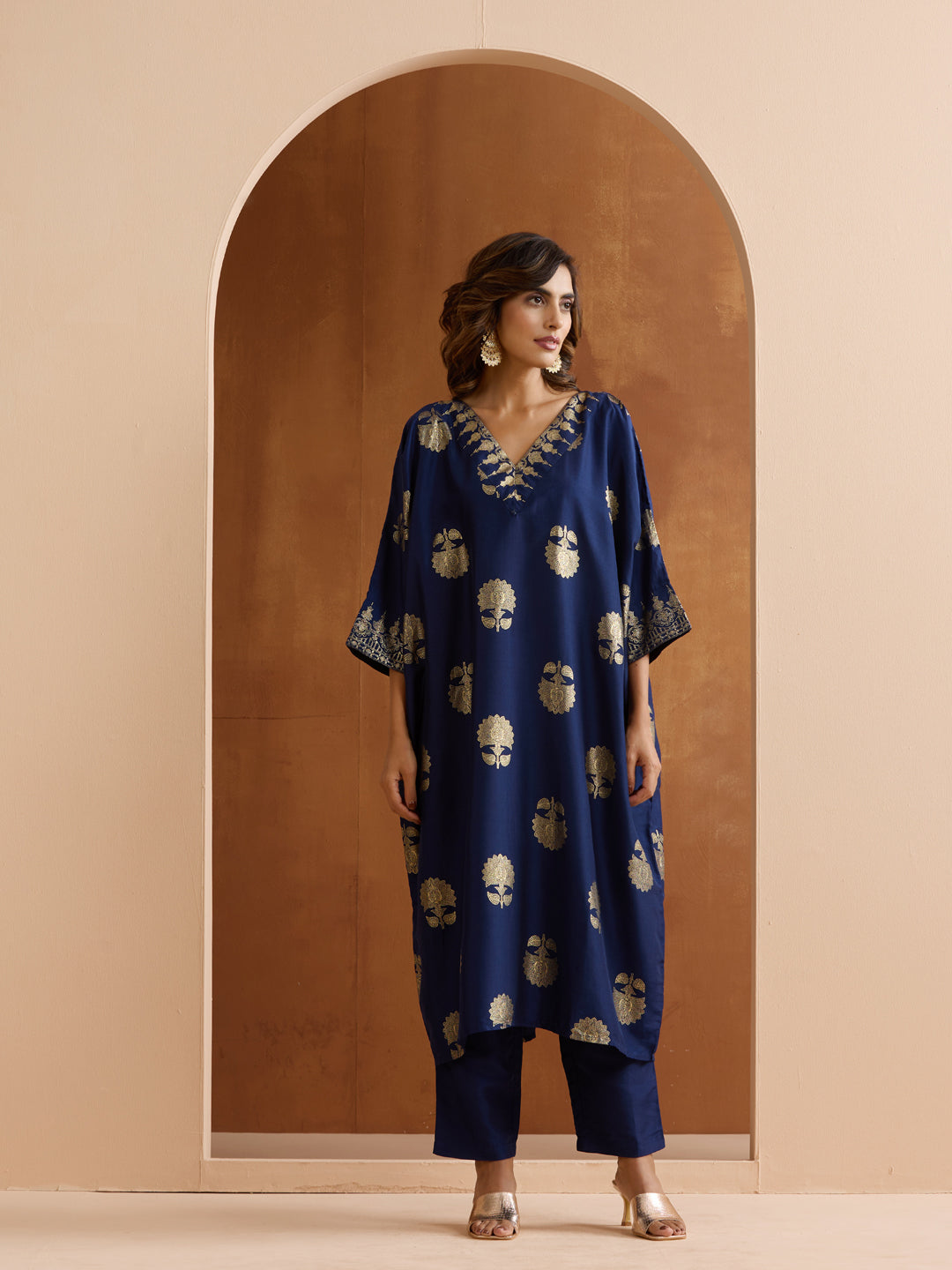 Soft Navy Polyester Chinon Foil Printed Kaftan Kurta Set With Straight Bottom & Dupatta