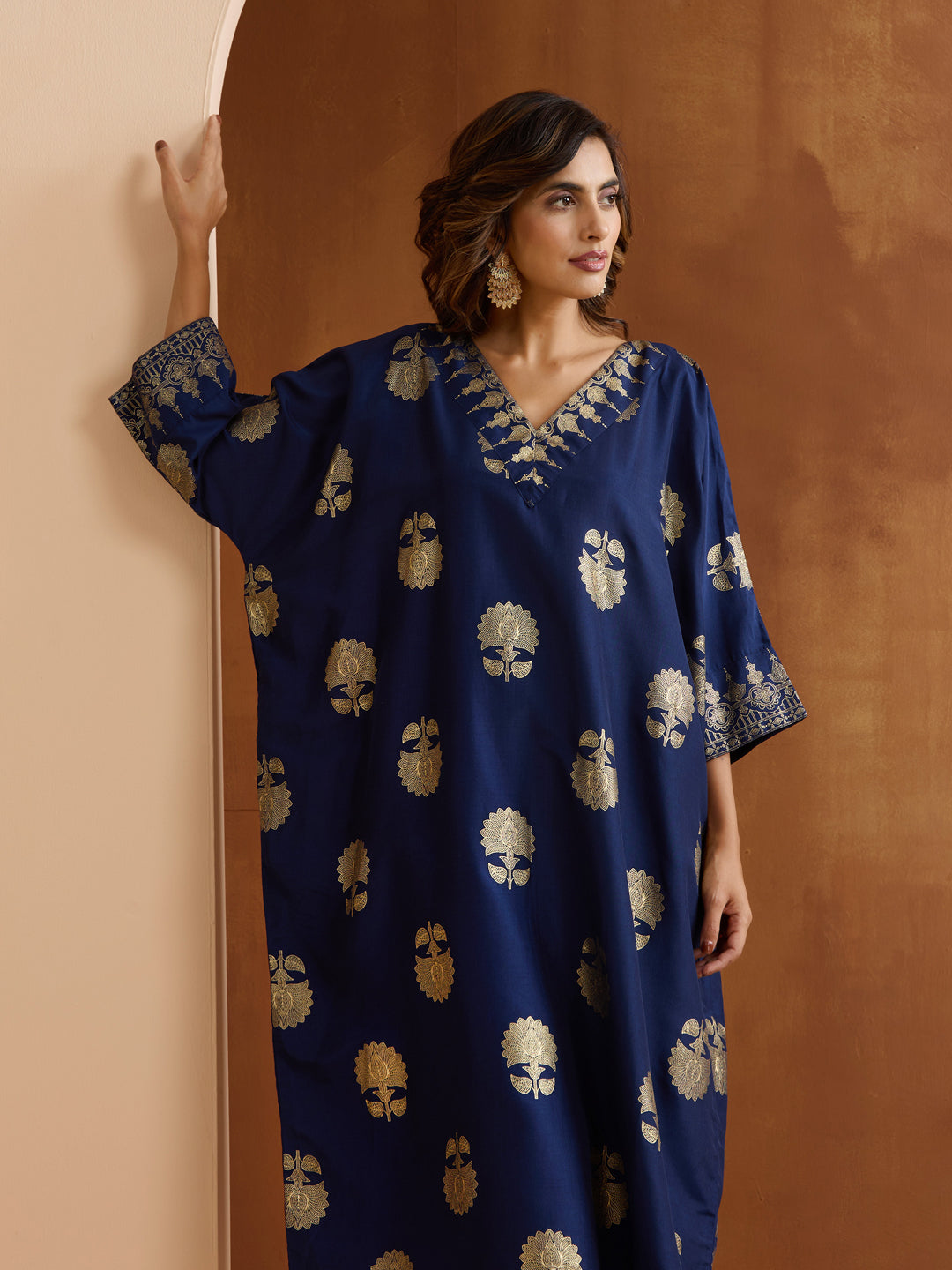 Soft Navy Polyester Chinon Foil Printed Kaftan Kurta Set With Straight Bottom & Dupatta