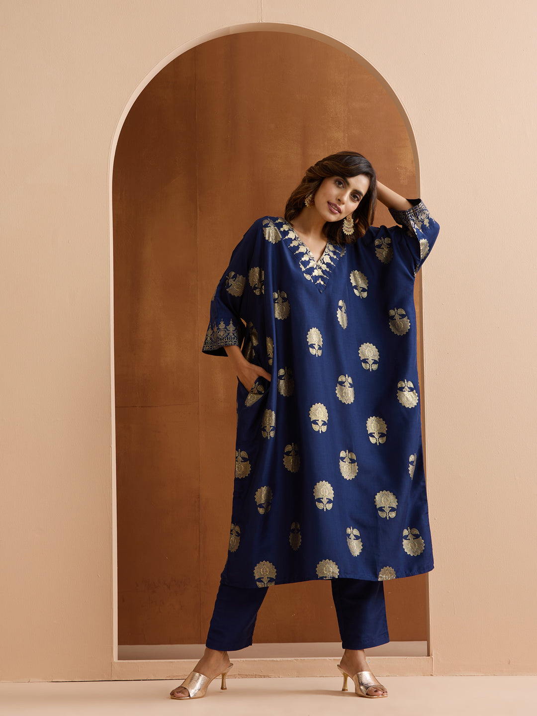 Soft Navy Polyester Chinon Foil Printed Kaftan Kurta Set With Straight Bottom & Dupatta