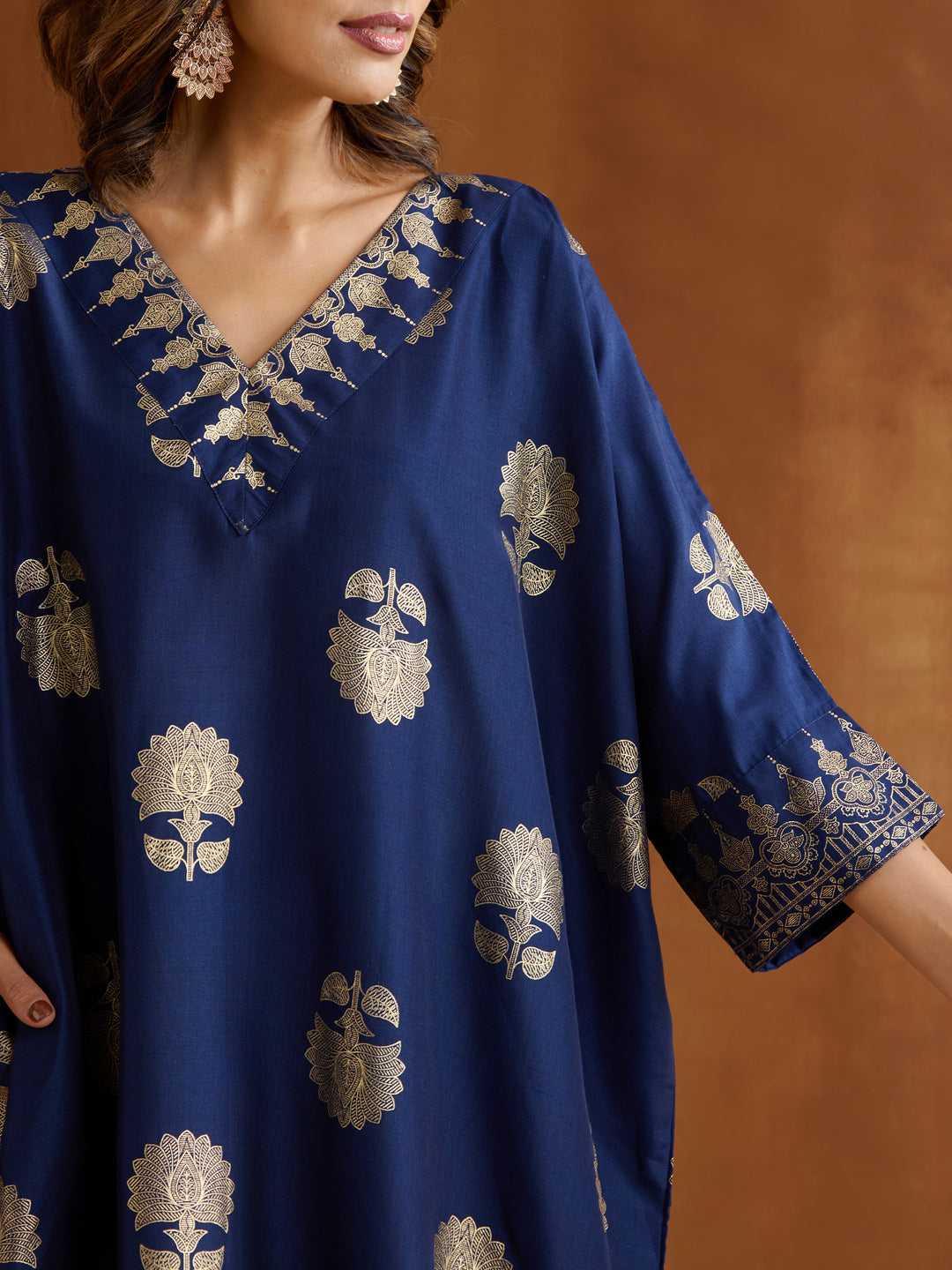 Soft Navy Polyester Chinon Foil Printed Kaftan Kurta Set With Straight Bottom & Dupatta