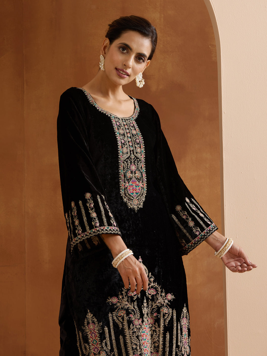 Rich Velvet Zari black embroidery Straight Kurta sets Straight Bottom Dupatta