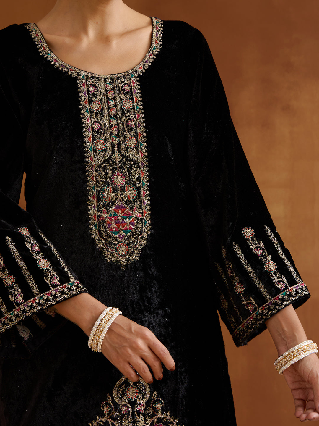 Rich Velvet Zari black embroidery Straight Kurta sets Straight Bottom Dupatta