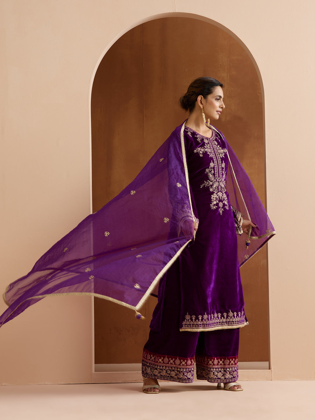 Rich Purple Velvet Embroidered Straight Kurta Set With Palazzo Bottom And Dupatta