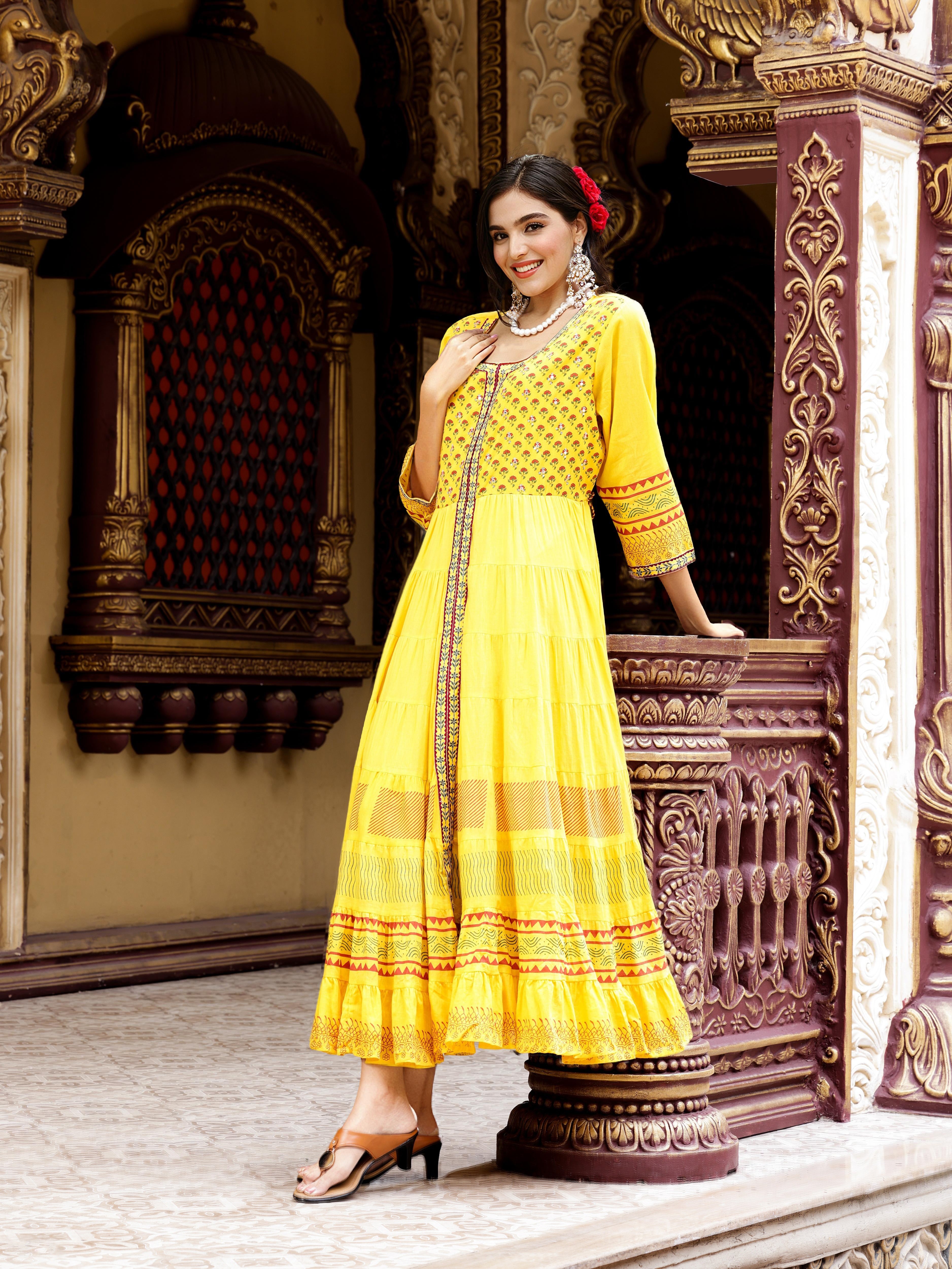 Cotton Mustard Ethnic Printed Tiered Flare Maxi Dress with tie-up