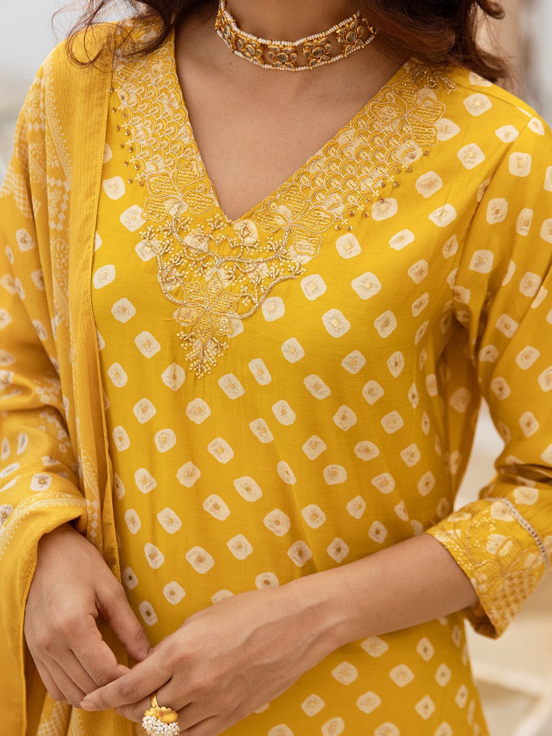 Rich Mustard Bandini Embroidered Straight Fit Kurta Set With Straight Bottom & Soft Printed Dupatta