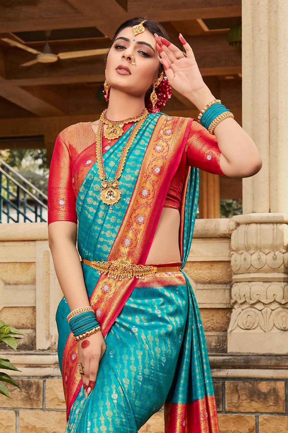 Karagiri Blue Kanjiveram Silk Saree With Blouse Piece