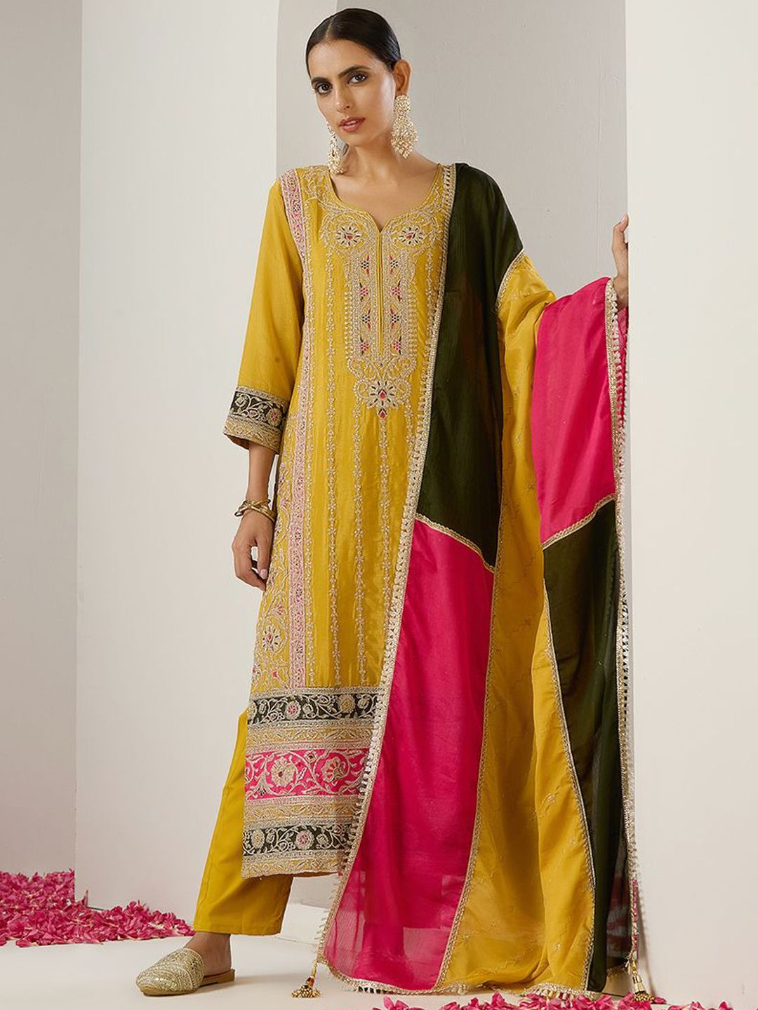 Rich Mustard Chinon Zari Embroidered Kurta Set with Sharara Bottom and Silk Blend Tassel Dupatta