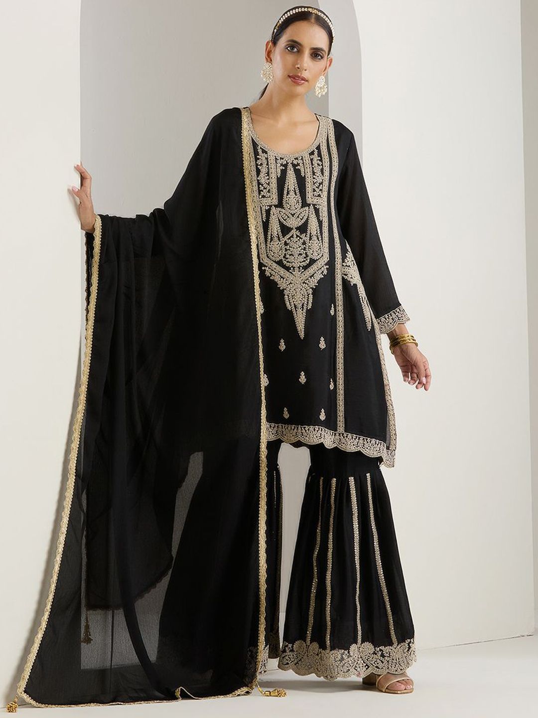 Rich Black Chinon Zari Embroidered Kurta Set with Sharara Bottom and Silk Blend Tassel Dupatta