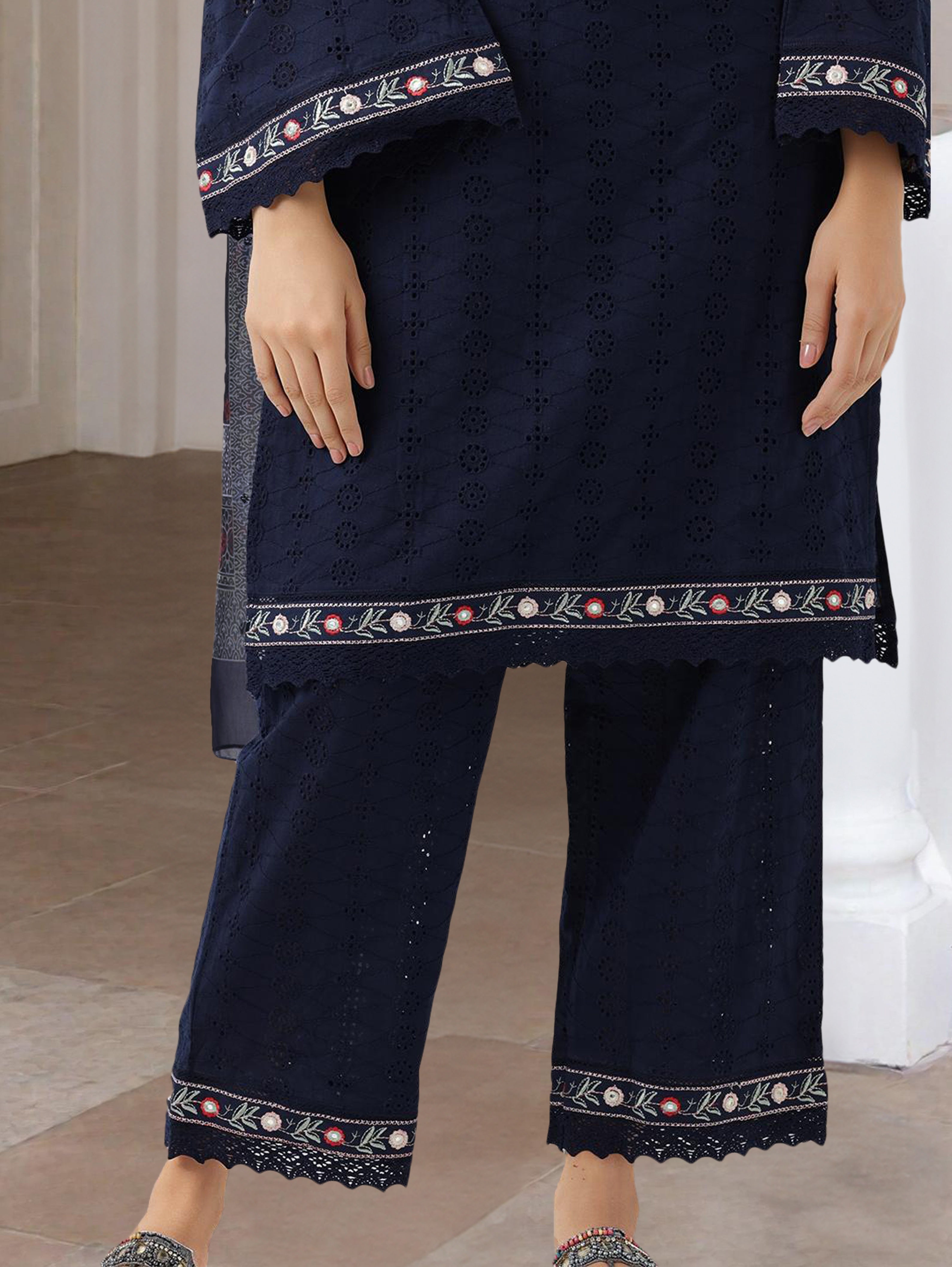 ISHIN Women NAVY BLUE COTTON SHIFFLY 3pcs kurta set