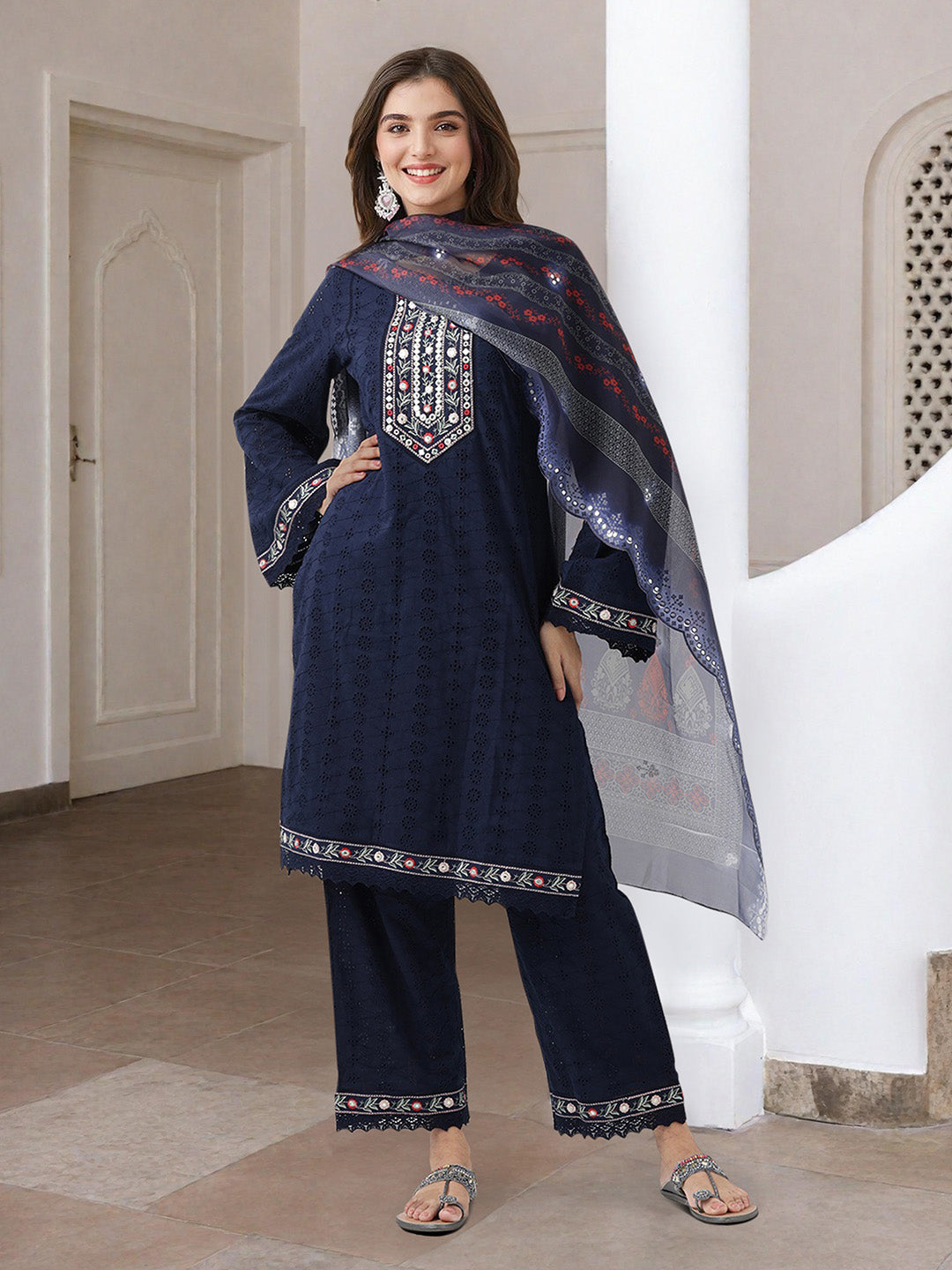 Rich Navy Blue Cotton Schiffli A-Line Kurta Set With Scalloped Dupatta