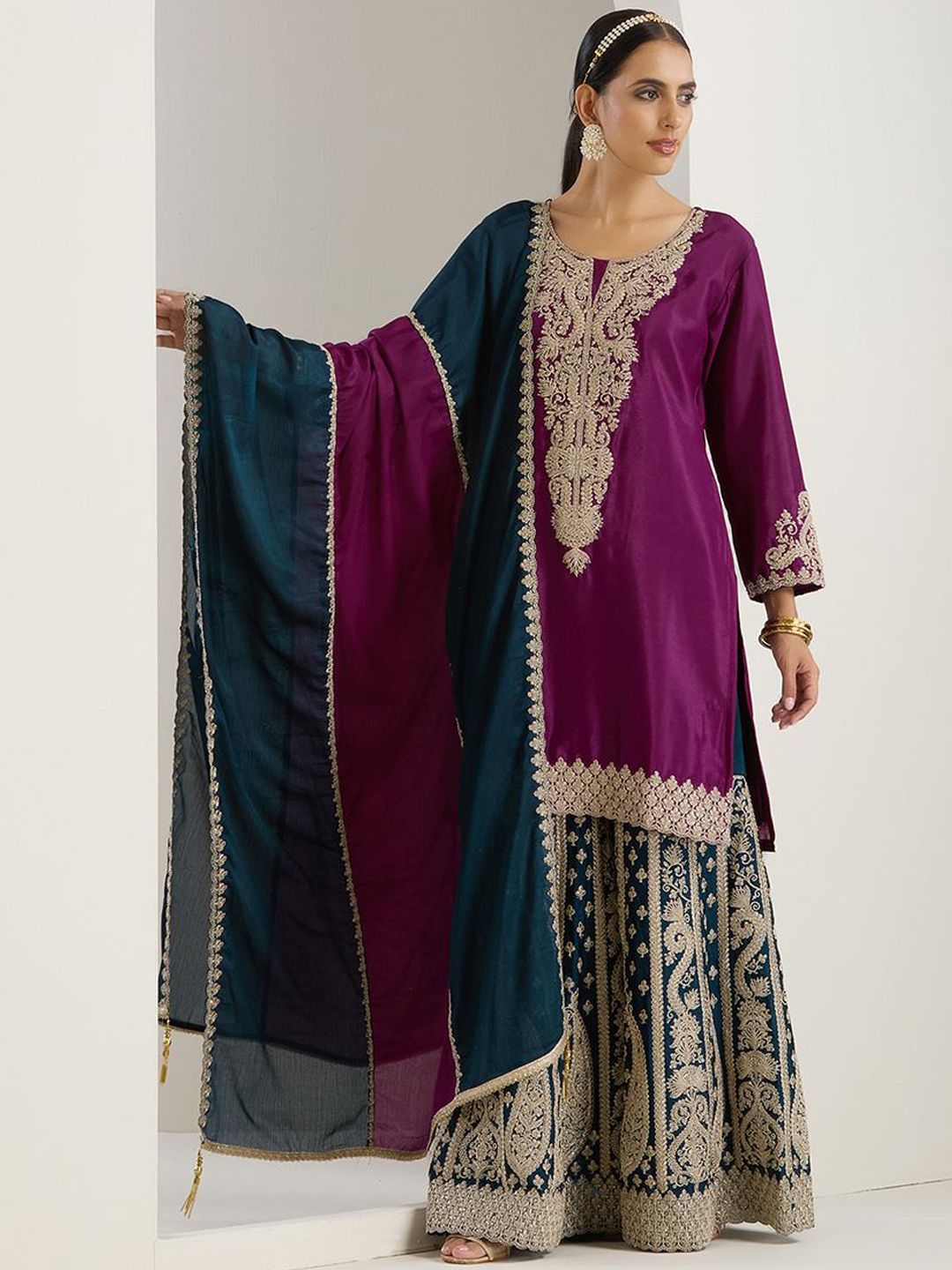 Rich Purple Chinon Zari Embroidered Kurta Set with Sharara Bottom and Silk Blend Tassel Dupatta