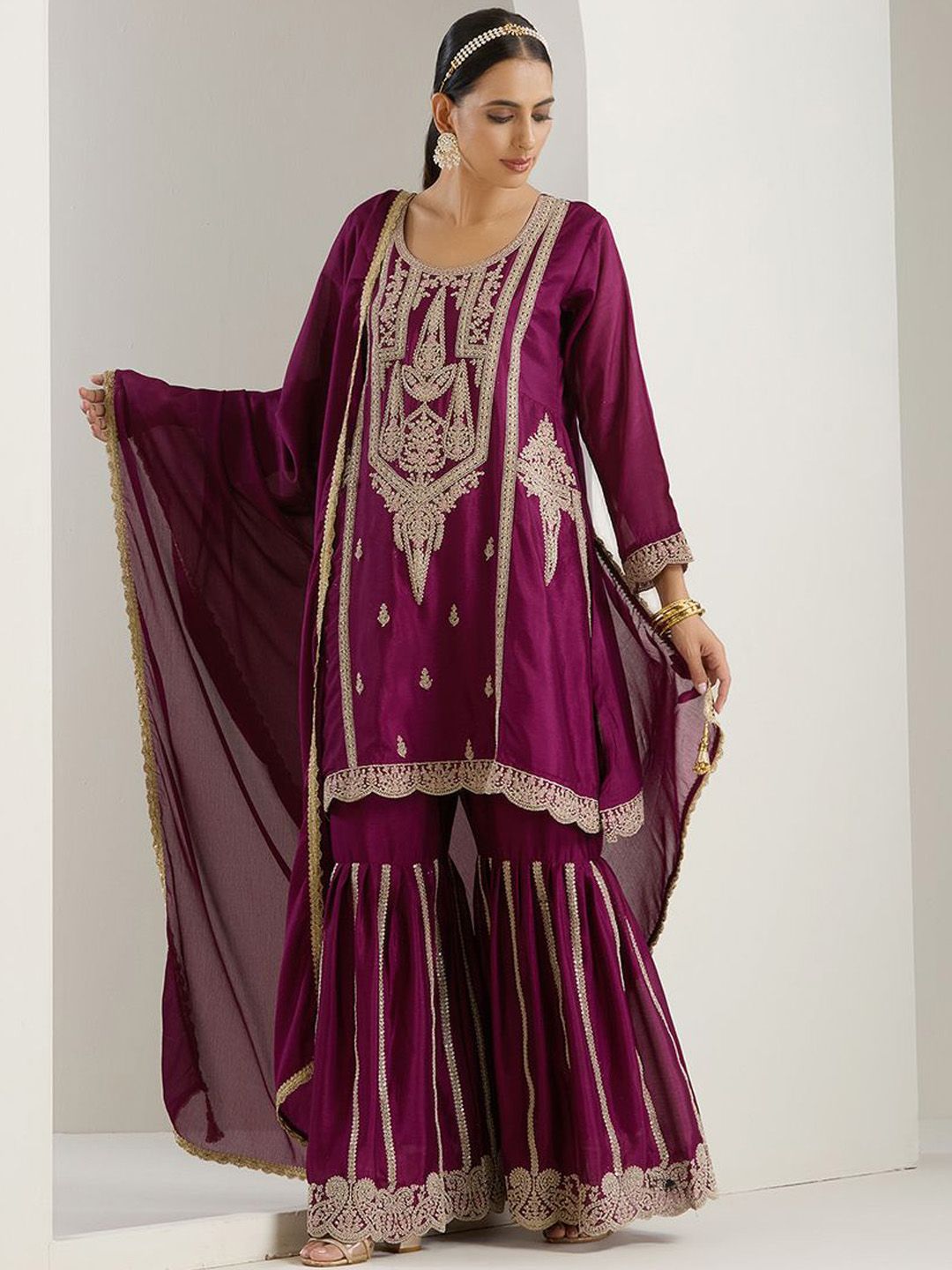 Rich Lavender Chinon Zari Embroidered Kurta Set with Sharara Bottom and Gotta Patti Tassel Dupatta