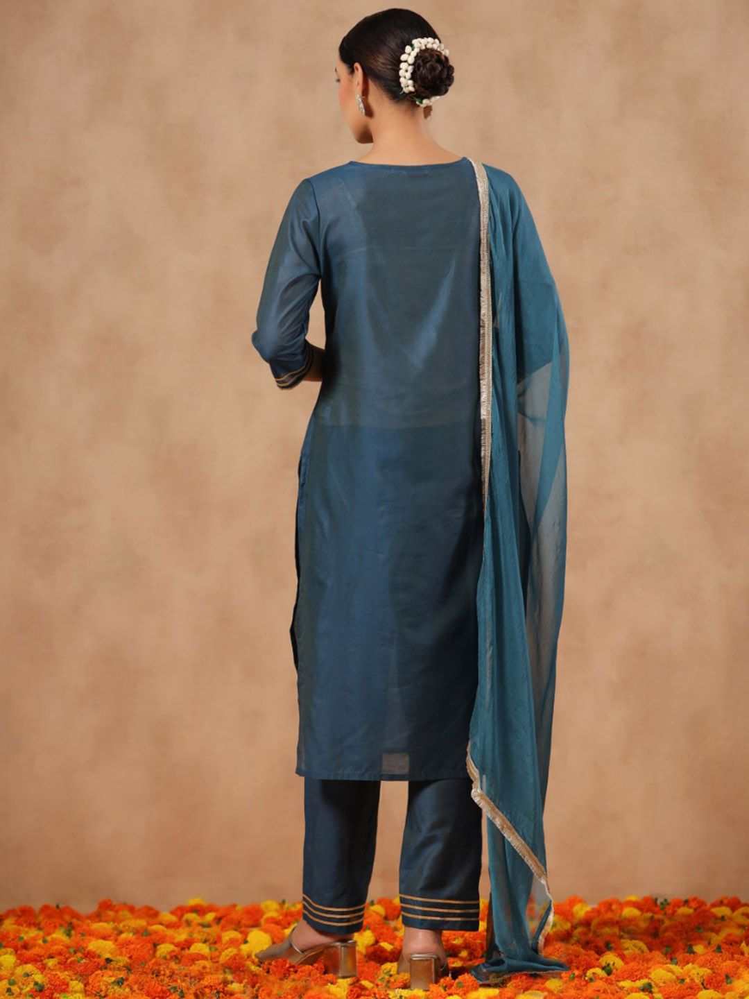 Rich Teal Rayon Zari Embroidered Kurta Set with Straight Bottom and Sheer Lace-Trimmed Voile Dupatta