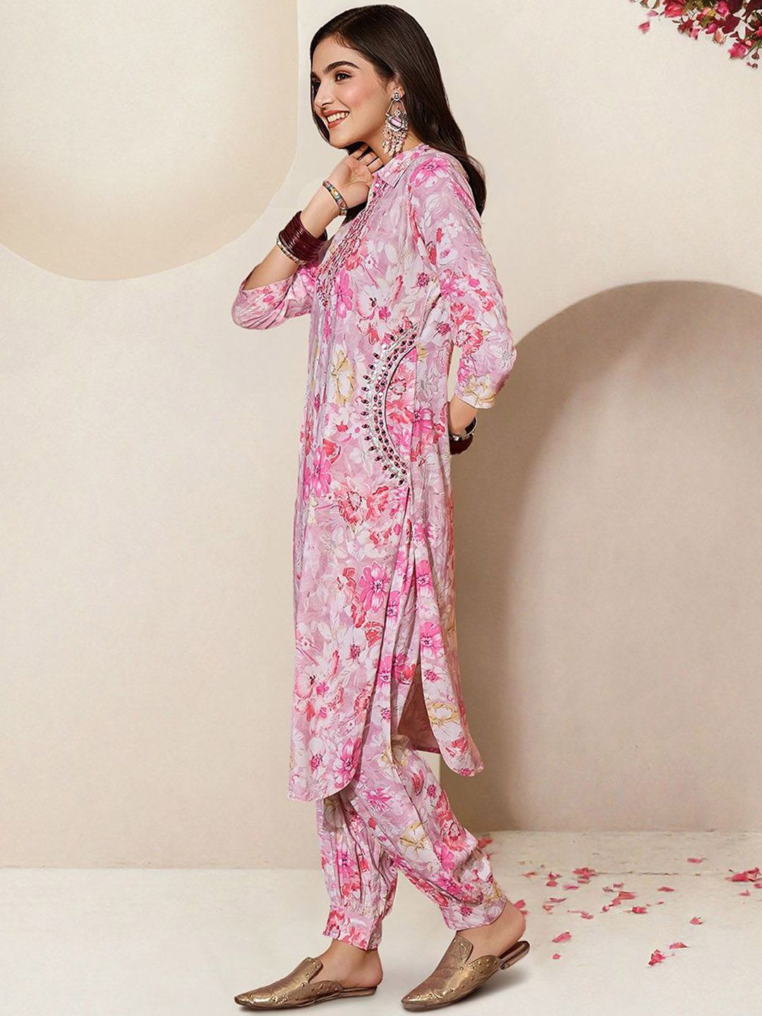 Rich Pink Rayon Mirror Work Straight Fit Kurta Set With Afghan Bottom