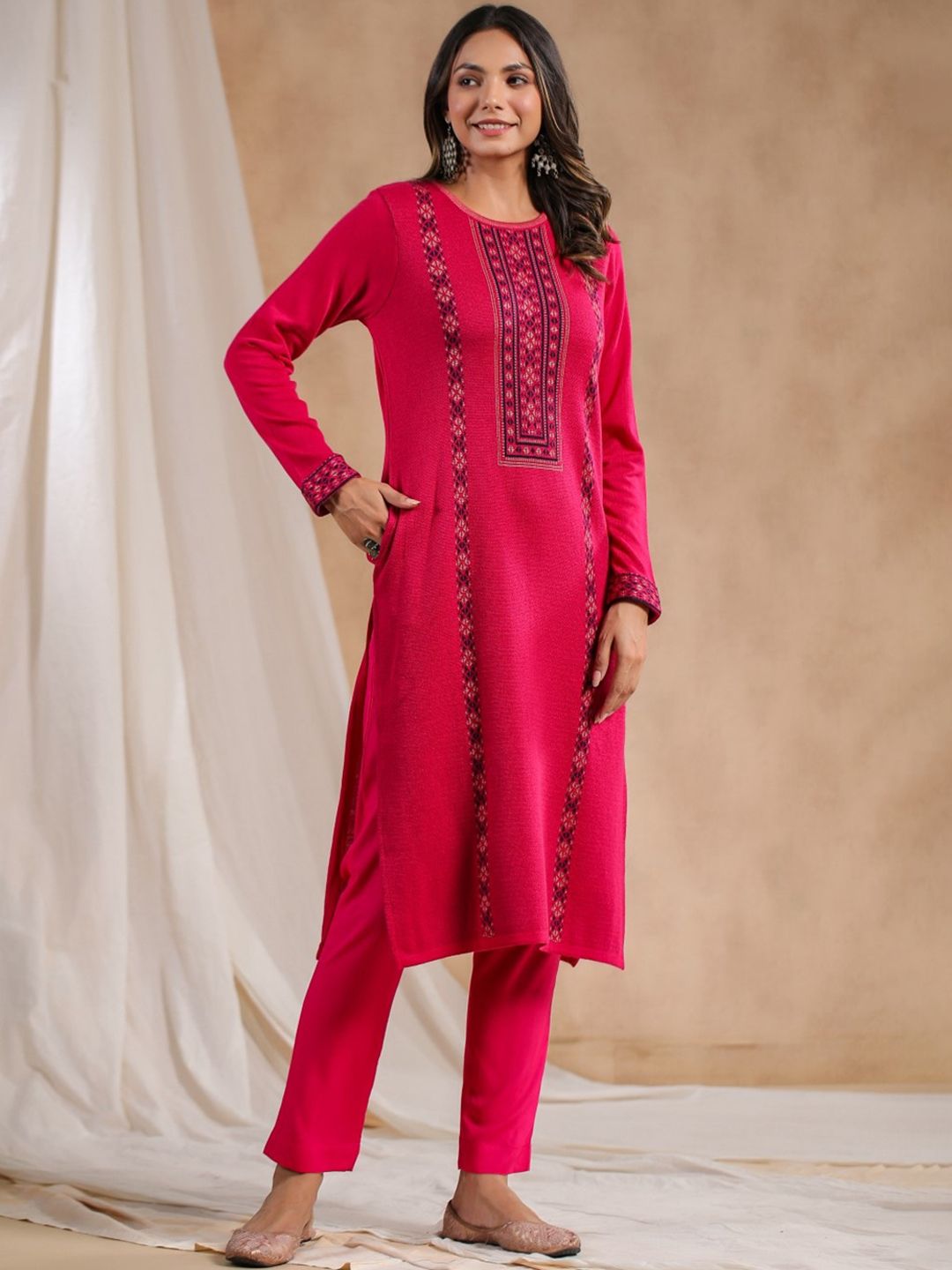 Warm Pink Acrylic Ethnic Motif Printed Kurta Set with Jacquard Knitted Design and Straight Bottom