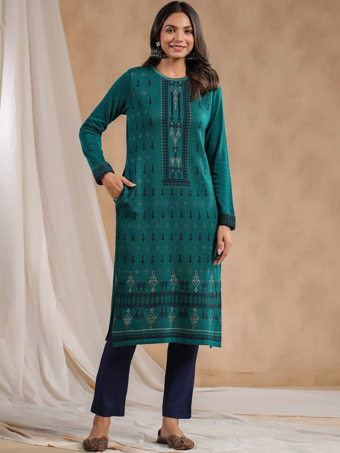 Warm Green Acrylic Ethnic Motif Printed Kurta Set with Jacquard Knitted Design