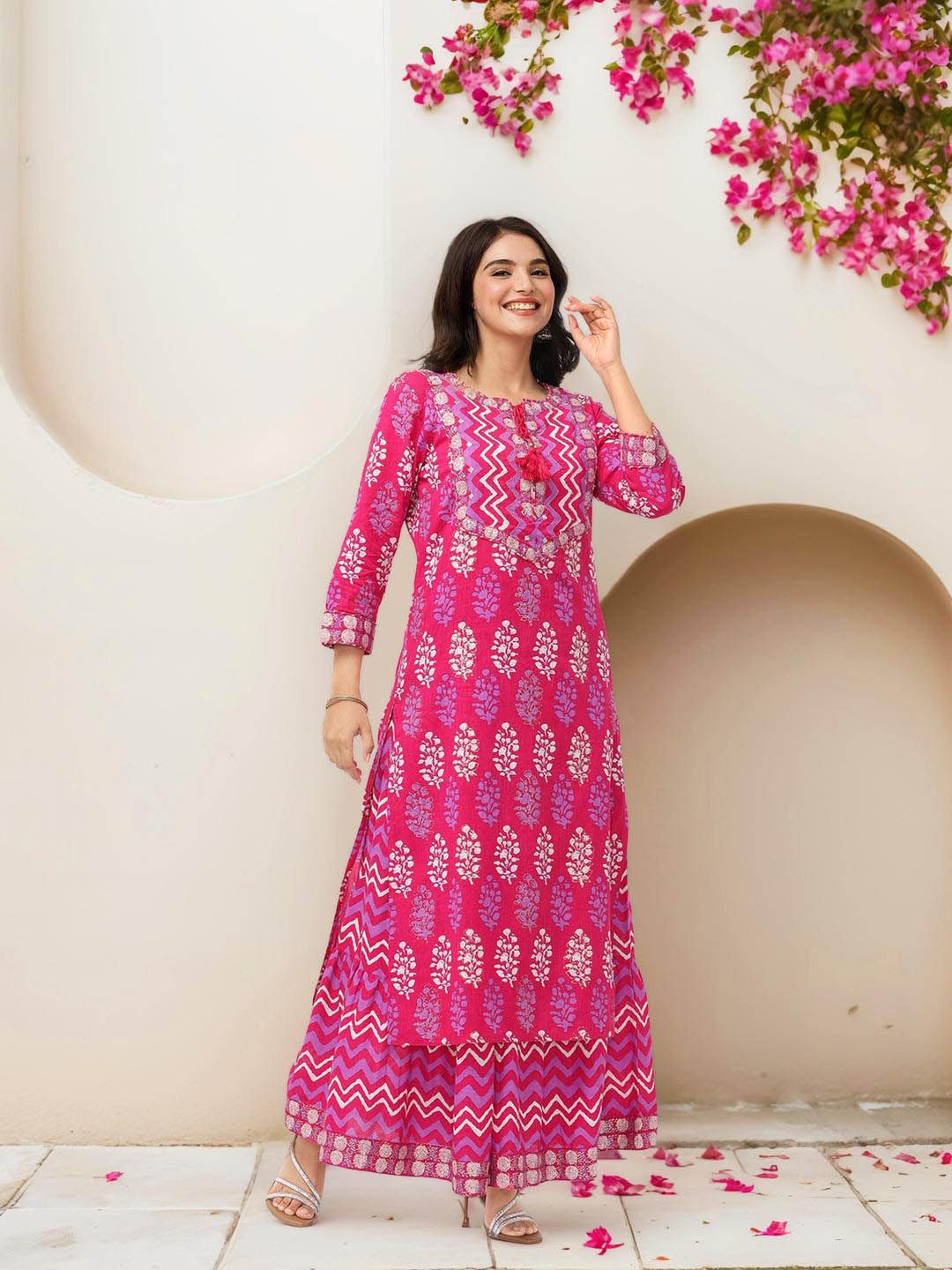 Comfy Pink Pure Cotton Floral Printed Kurta with Chevron Printed Skirt