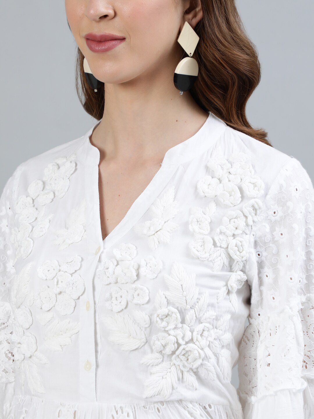 Comfy White Cotton Embellished  Fit & Flare Dress with Bell Sleeves